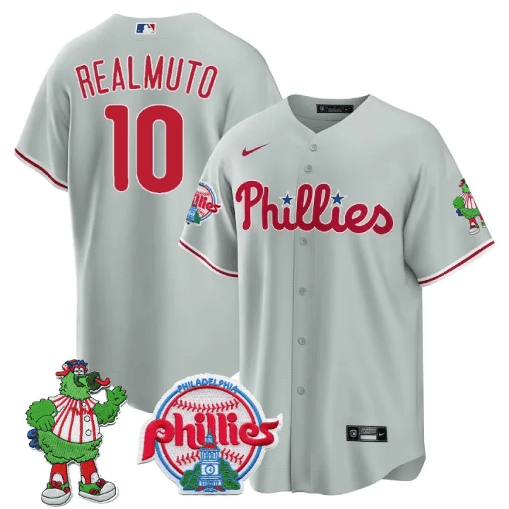 JT Realmuto Men's Philadelphia Phillies Phillie Phanatic Patch Cool Base Gray Jersey - All Stitched