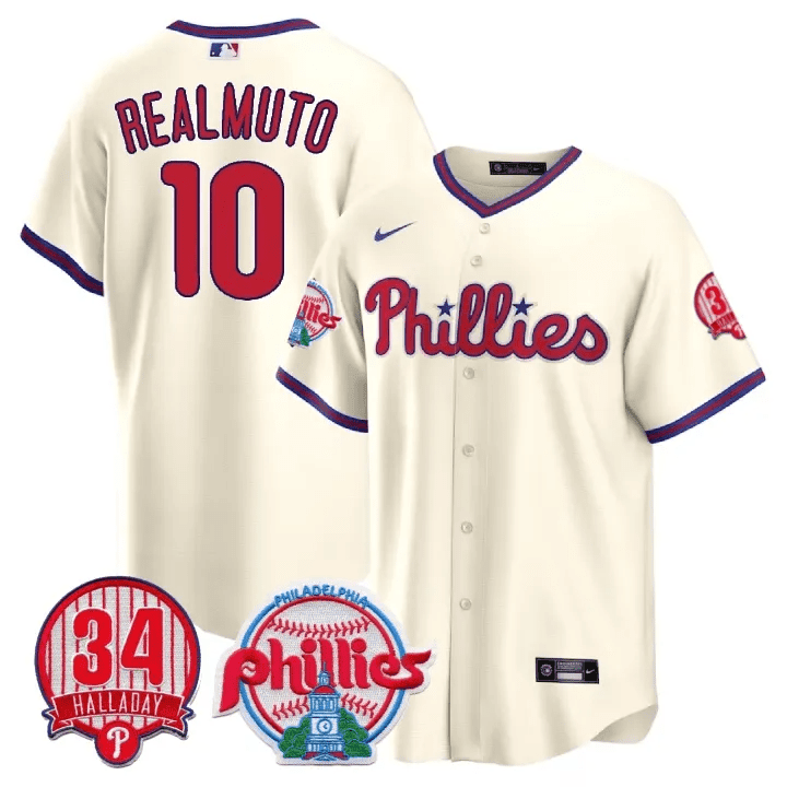 JT Realmuto Men's Philadelphia Phillies Roy Halladay Patch #34 Cool Base Cream Jersey - All Stitched