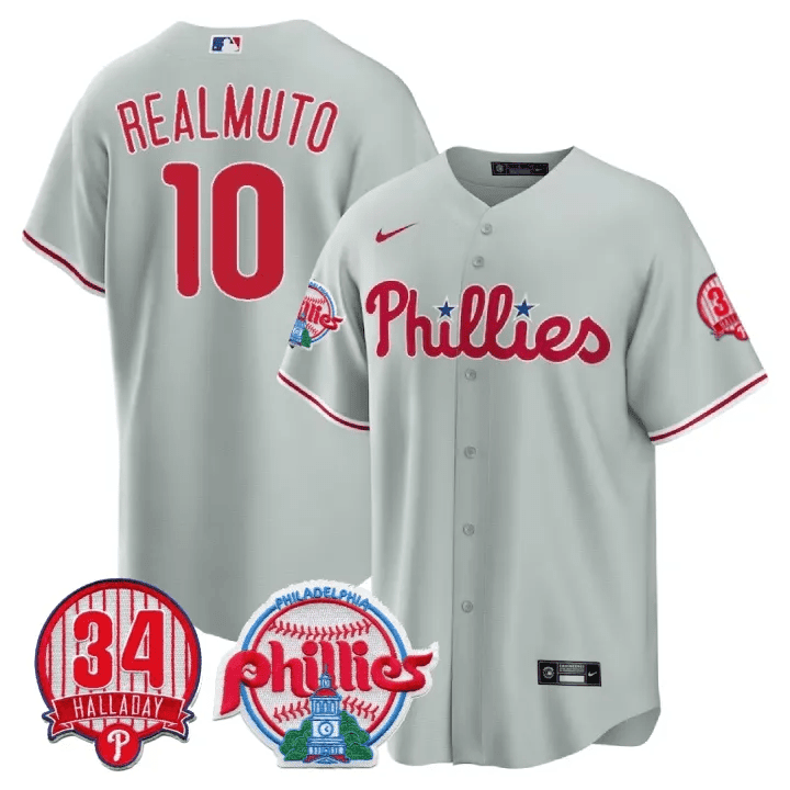 JT Realmuto Men's Philadelphia Phillies Roy Halladay Patch #34 Cool Base Gray Jersey - All Stitched