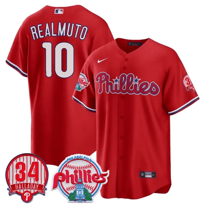 JT Realmuto Men's Philadelphia Phillies Roy Halladay Patch #34 Cool Base Red Jersey - All Stitched