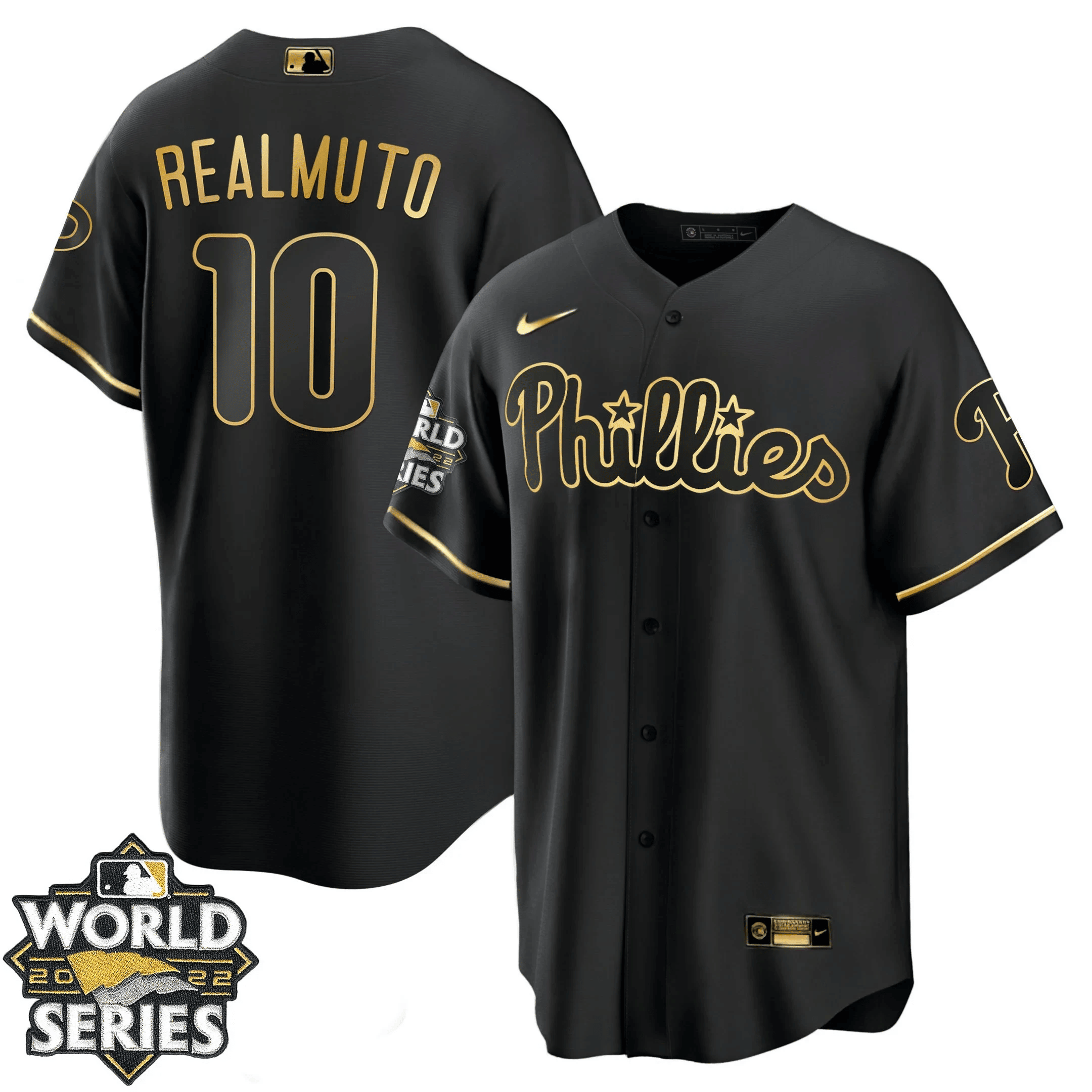 JT Realmuto Youth's Philadelphia Phillies Gold 2022 World Series Cool Black Jersey - All Stitched