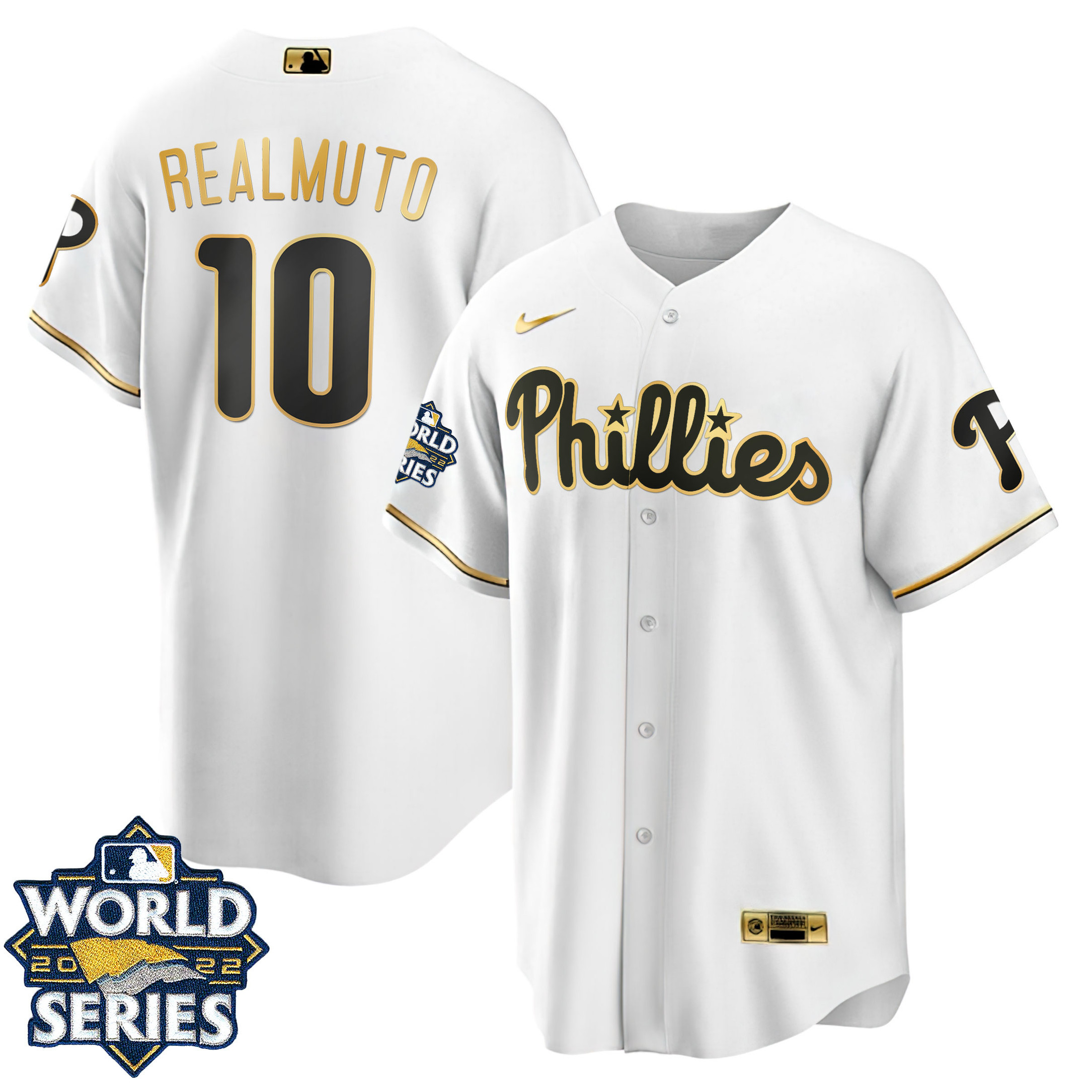 JT Realmuto Youth's Philadelphia Phillies Gold 2022 World Series Cool White Jersey - All Stitched