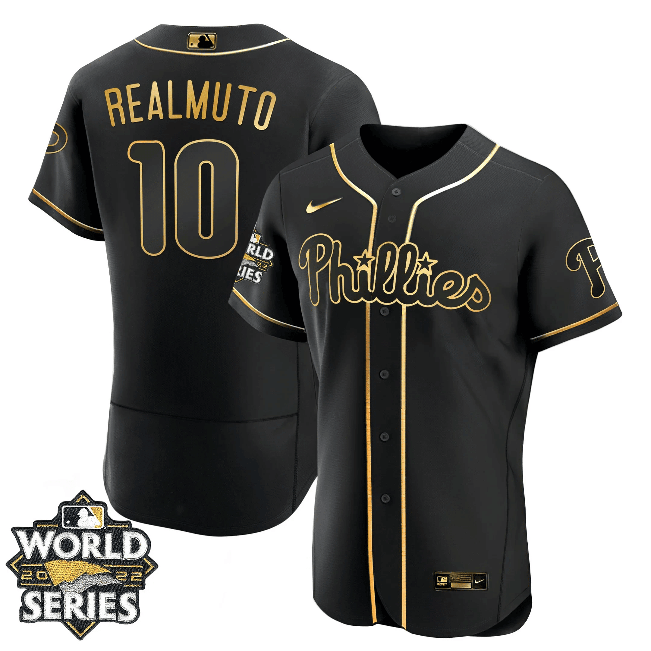 JT Realmuto Youth's Philadelphia Phillies Gold 2022 World Series Flex Black Jersey - All Stitched
