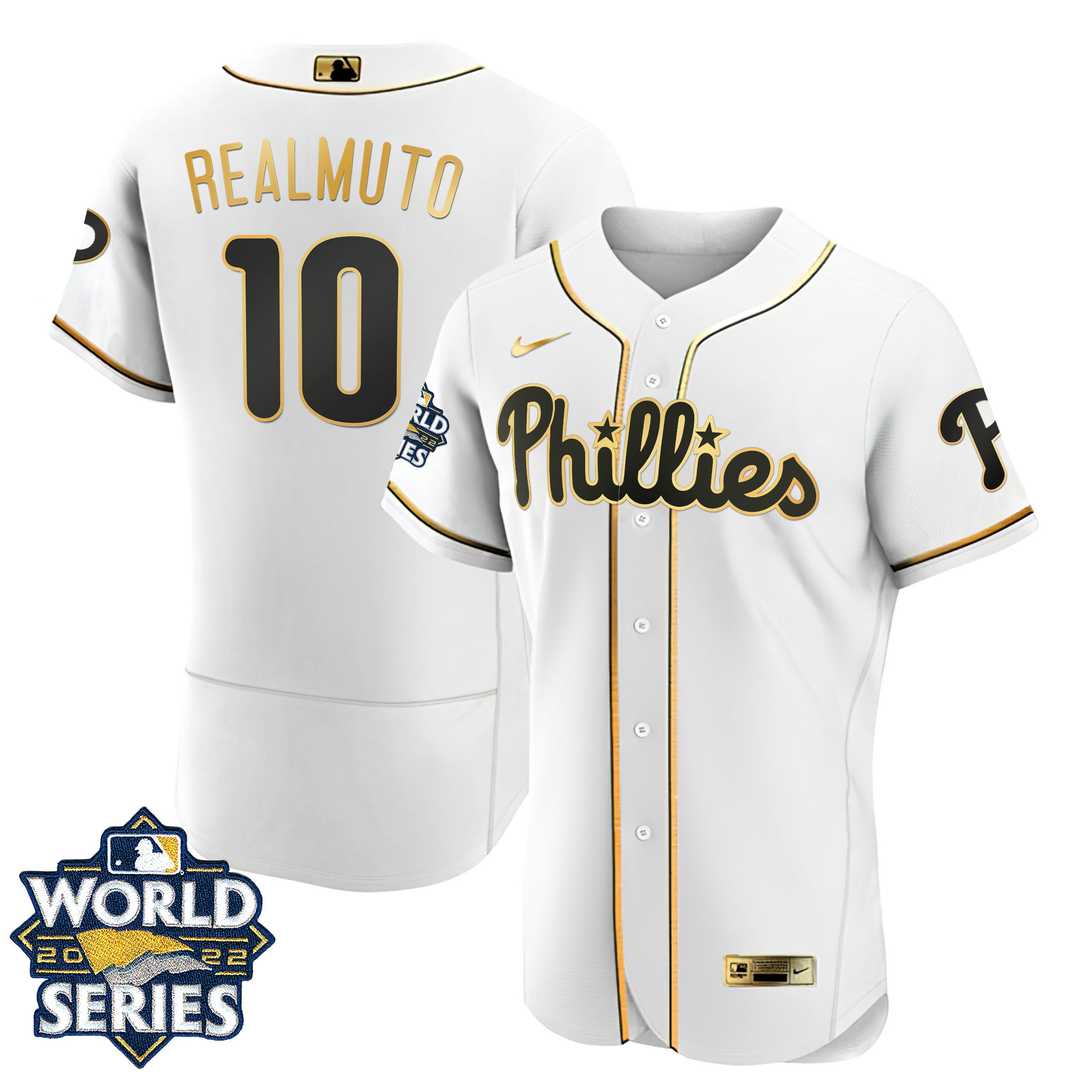 JT Realmuto Youth's Philadelphia Phillies Gold 2022 World Series Flex White Jersey - All Stitched
