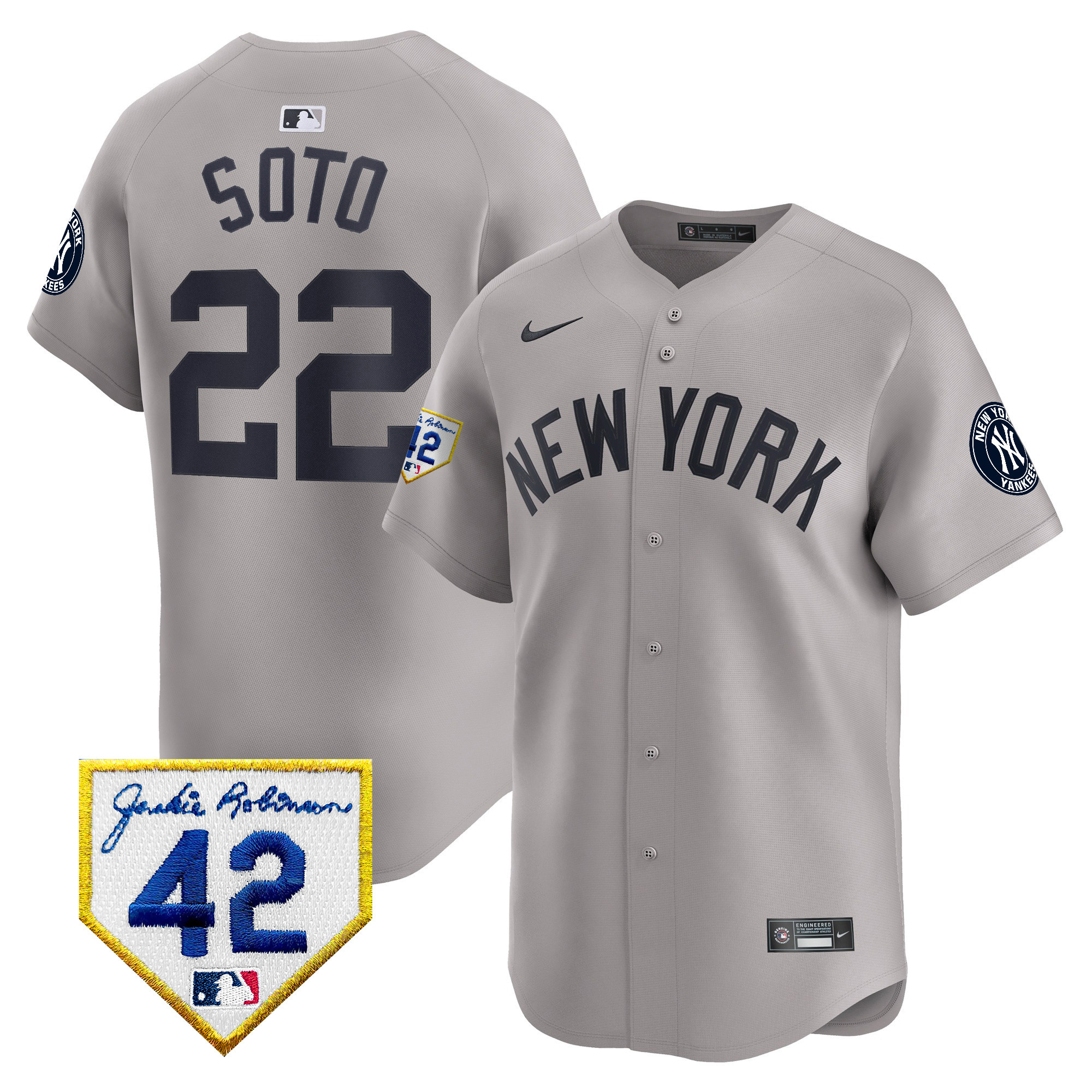 Juan Soto Men's New York Yankees 2024 Jackie Robinson Patch Vapor Premier Limited Gray Jersey - All Stitched