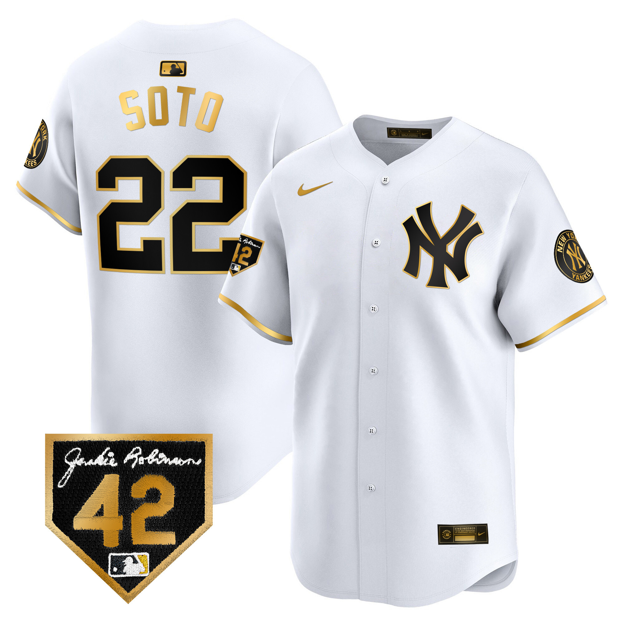 Juan Soto Men's New York Yankees 2024 Jackie Robinson Patch Vapor Premier Limited White Gold Jersey - All Stitched