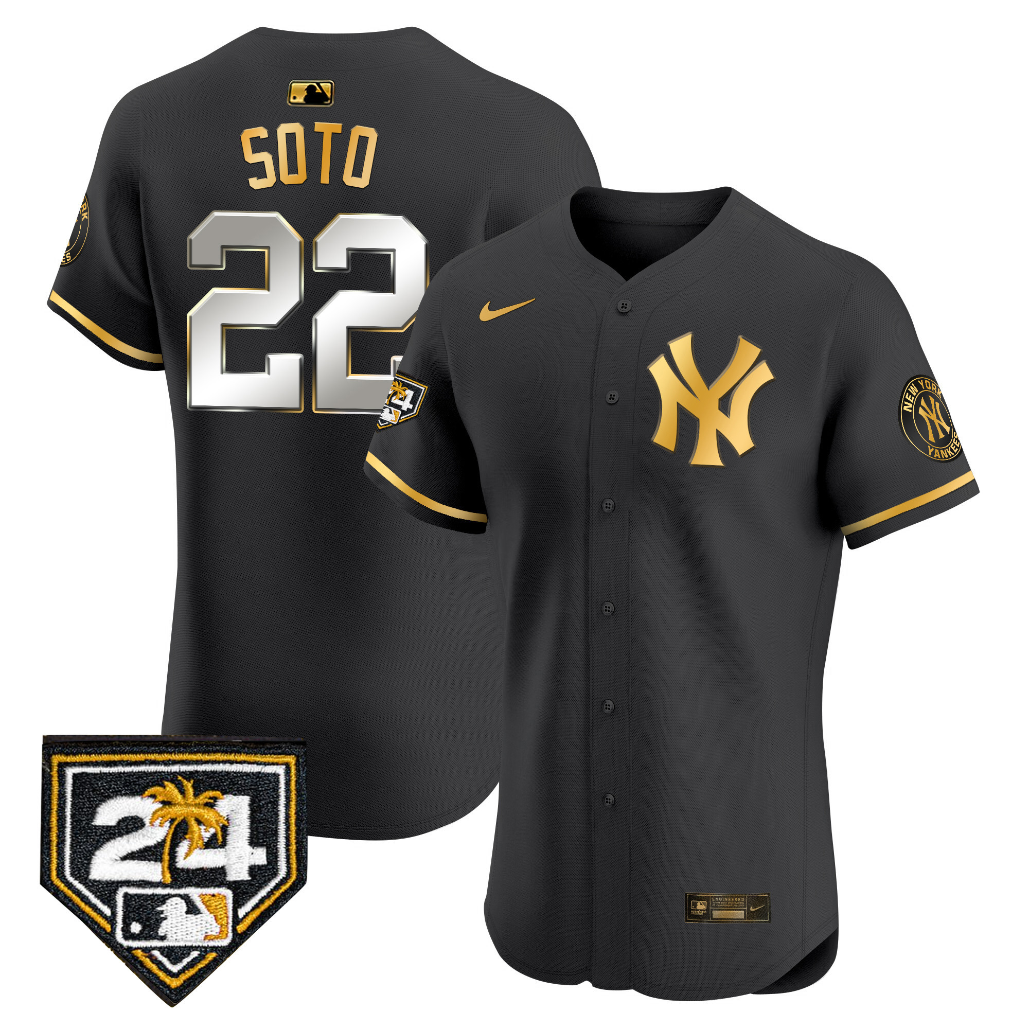 Juan Soto Men's New York Yankees 2024 Spring Training Patch Vapor Premier Elite V2 Black Gold Jersey - All Stitched