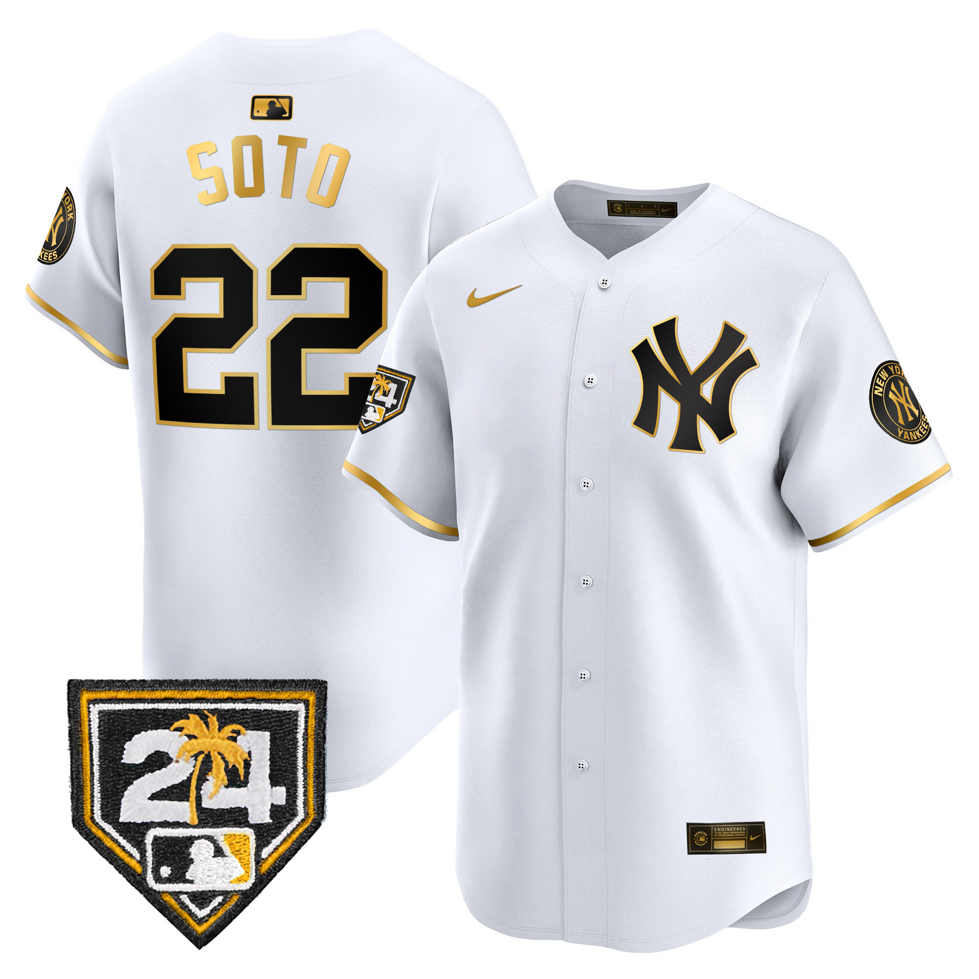Juan Soto Men's New York Yankees 2024 Spring Training Patch Vapor Premier Limited V2 White Gold Jersey - All Stitched