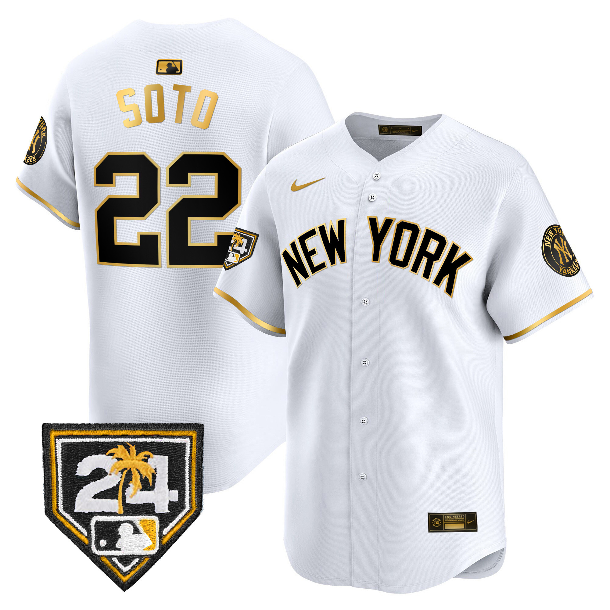 Juan Soto Men's New York Yankees 2024 Spring Training Patch Vapor Premier Limited V3 White Gold Jersey - All Stitched