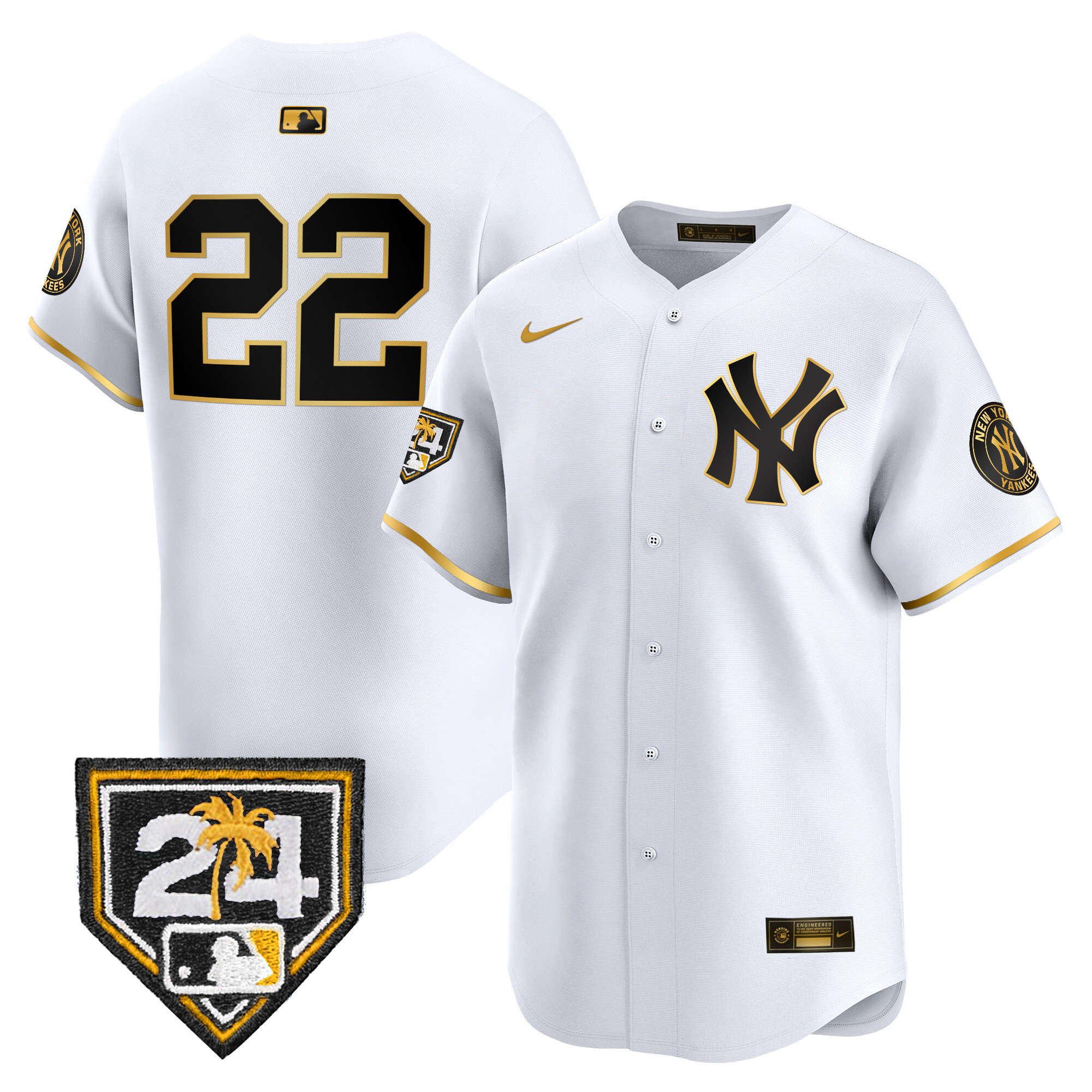 Juan Soto Men's New York Yankees 2024 Spring Training Patch Vapor Premier Limited V4 White Gold Jersey - All Stitched