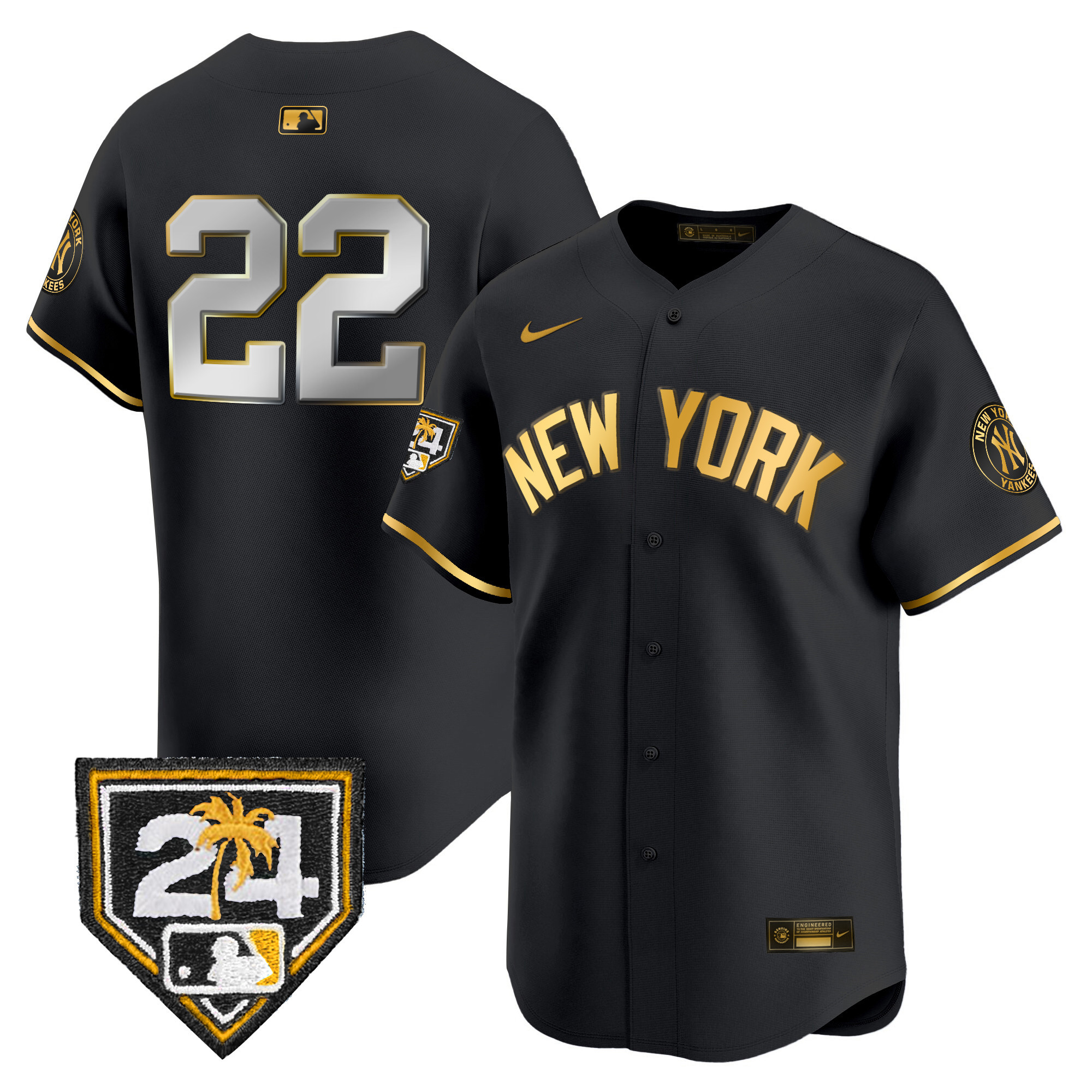 Juan Soto Men's New York Yankees 2024 Spring Training Patch Vapor Premier Limited V5 Black Gold Jersey - All Stitched