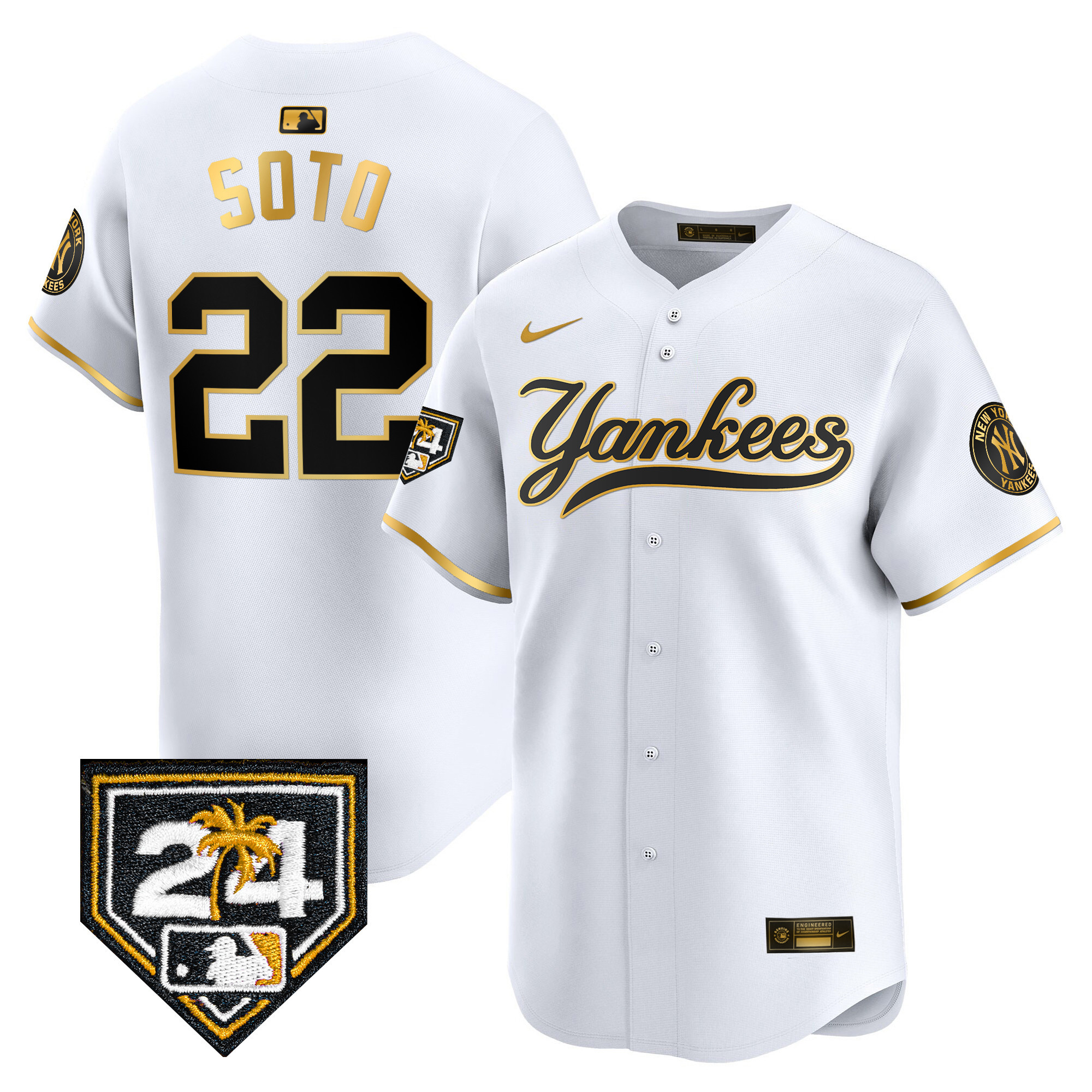 Juan Soto Men's New York Yankees 2024 Spring Training Patch Vapor Premier Limited V6 White Gold Jersey - All Stitched