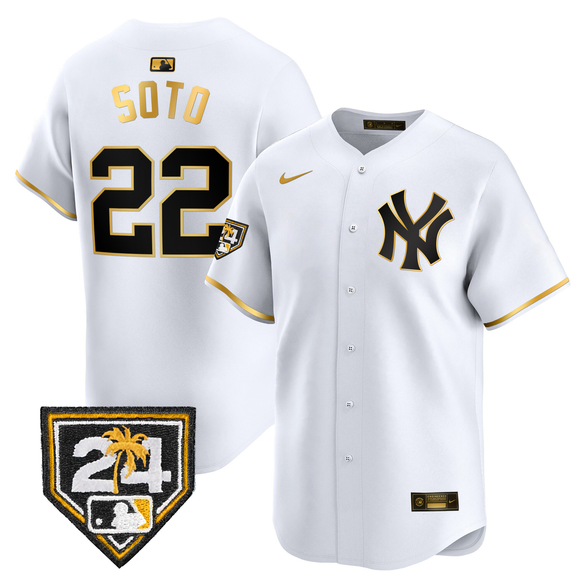 Juan Soto Men's New York Yankees 2024 Spring Training Patch Vapor Premier Limited White Gold Jersey - All Stitched