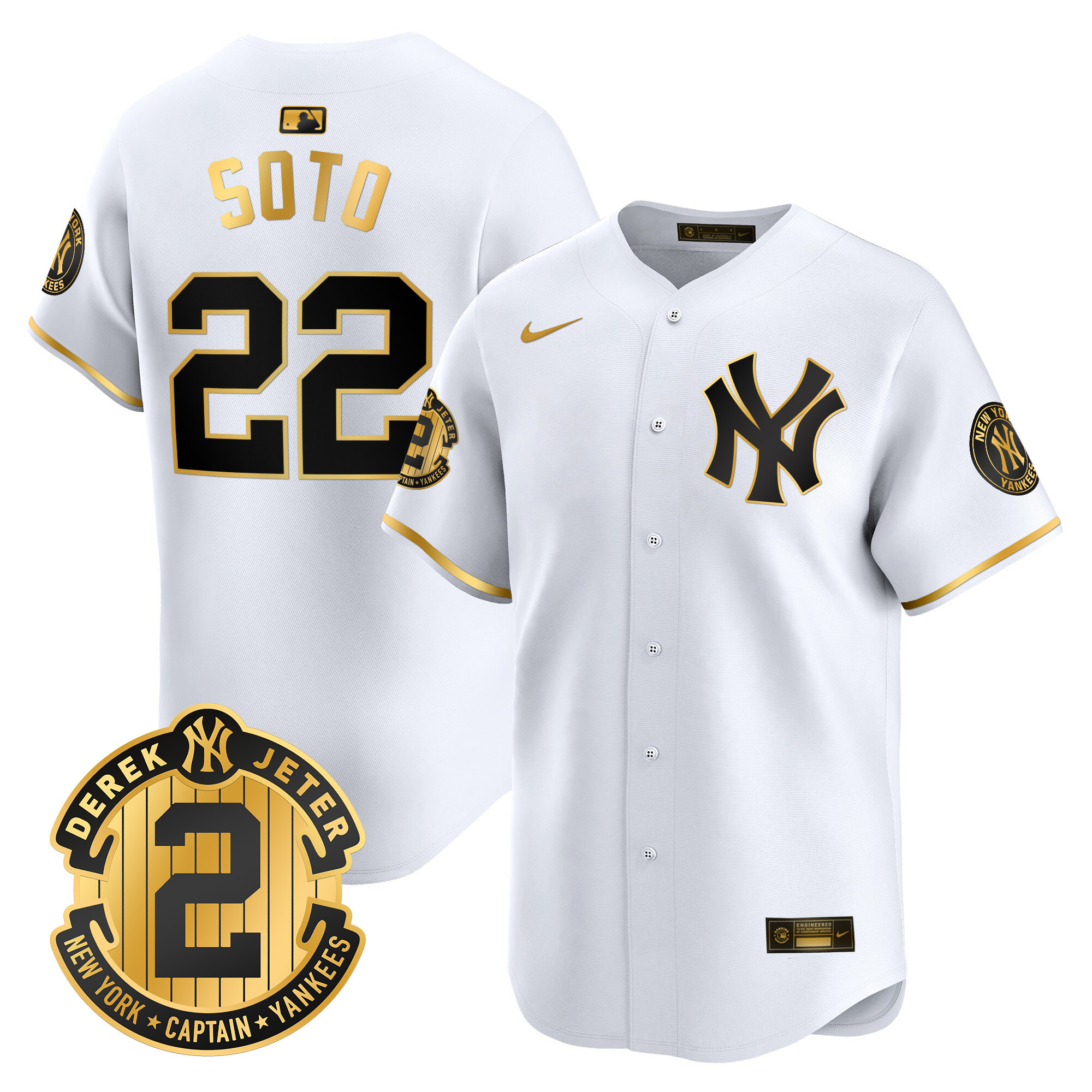 Juan Soto Men's New York Yankees Derek Jeter Patch Vapor Premier Limited White Gold Jersey - All Stitched