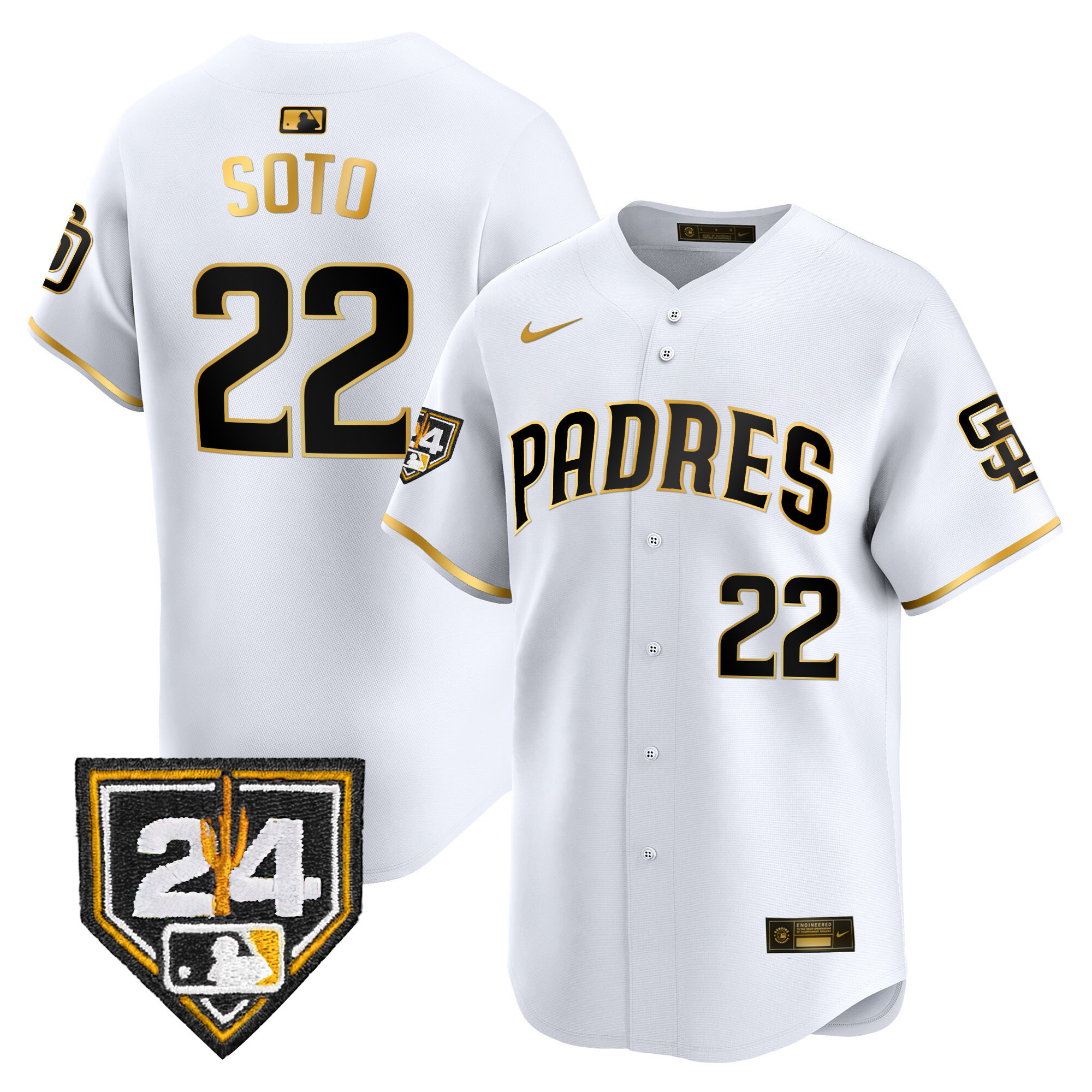 Juan Soto Men's San Diego Padres 2024 Spring Training Patch Vapor Premier Limited White Gold Jersey - All Stitched