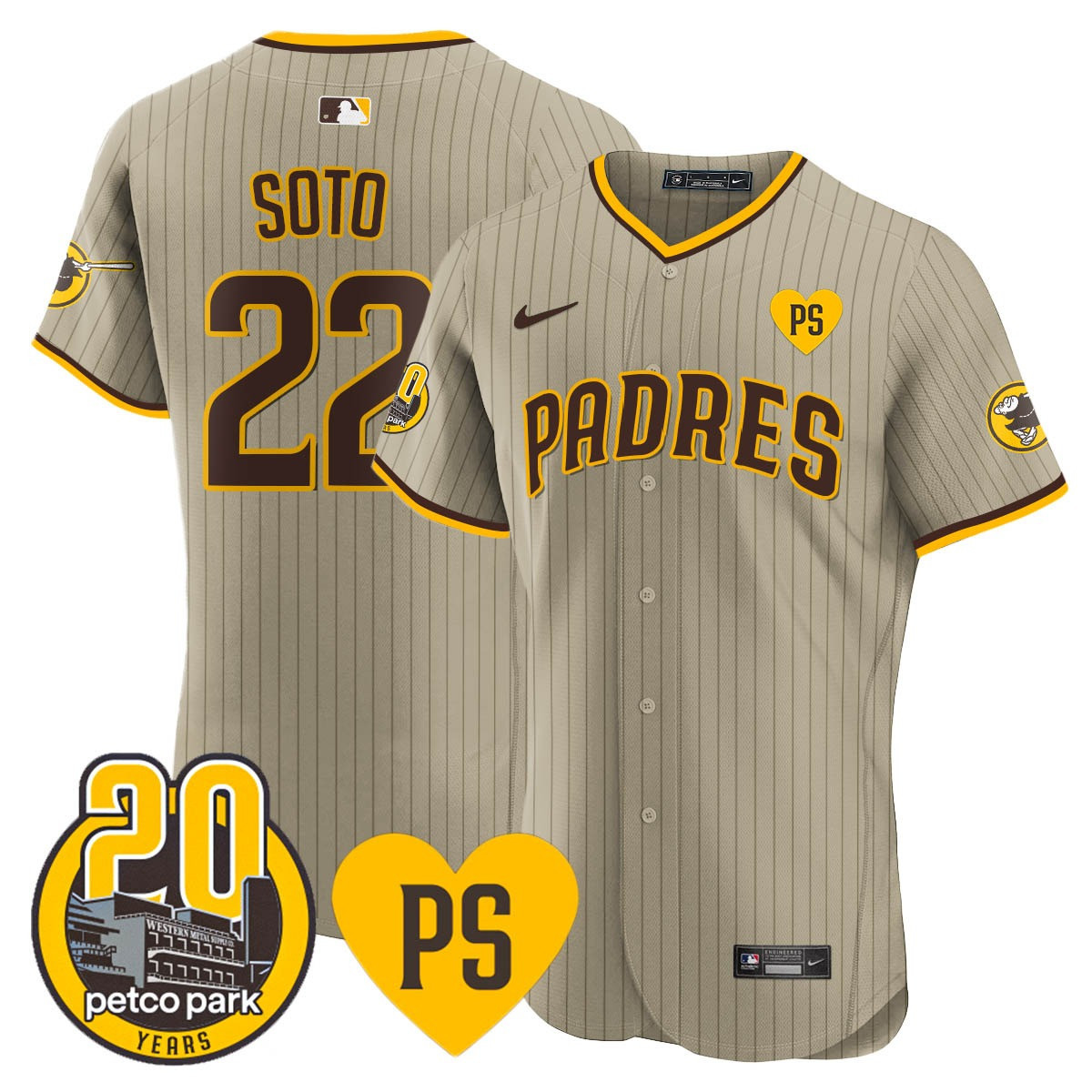 Juan Soto Men's San Diego Padres "For Peter" & Petco Park 20th Patch Vapor Premier Elite Tan Jersey - All Stitched