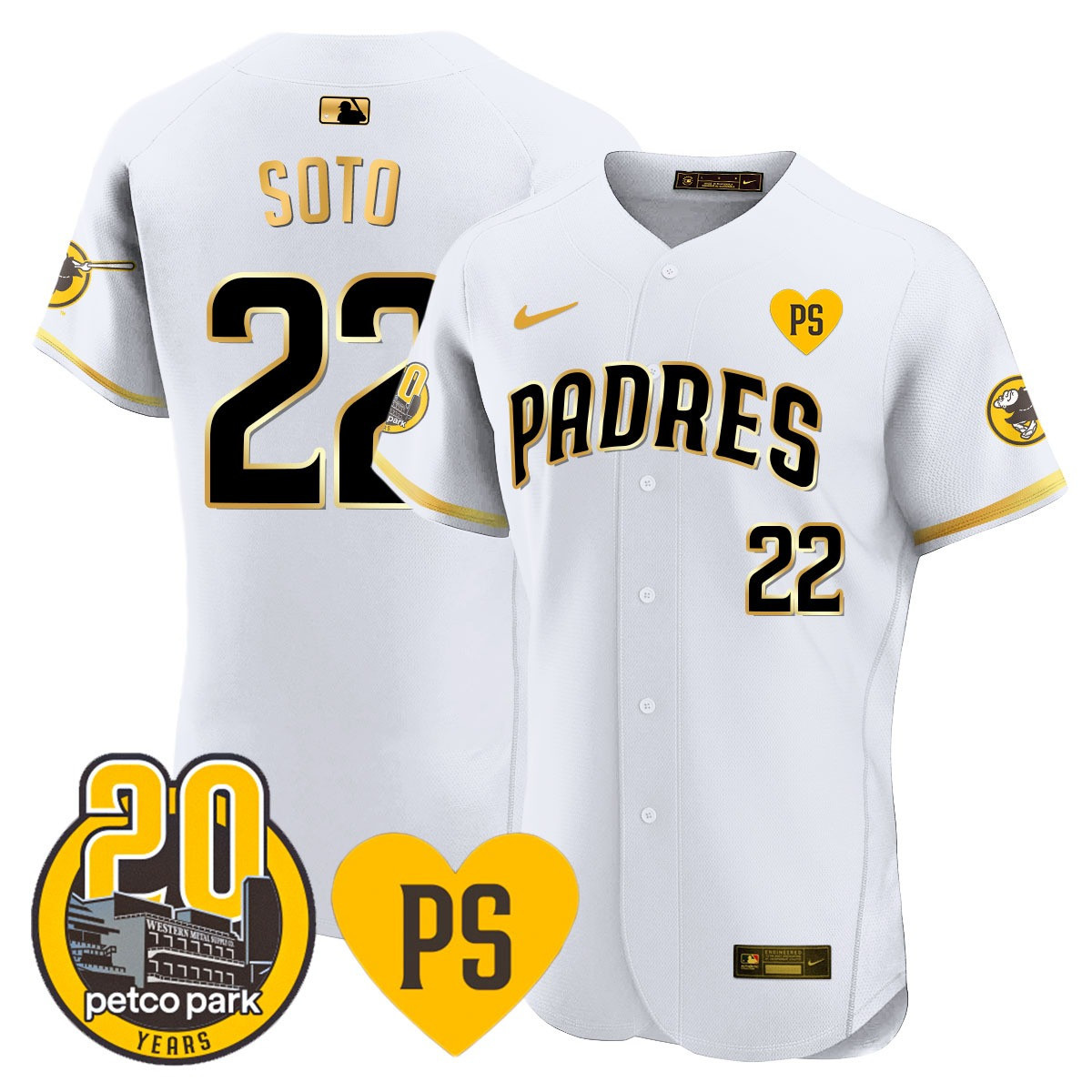 Juan Soto Men's San Diego Padres "For Peter" & Petco Park 20th Patch Vapor Premier Elite White Gold Jersey - All Stitched