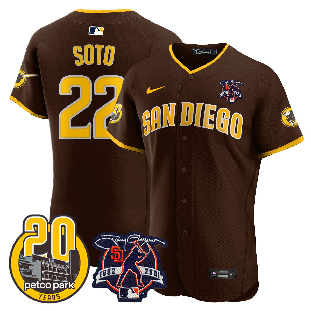 Juan Soto Men's San Diego Padres Tony Gwynn & Petco Park 20th Patch Vapor Premier Elite Brown Jersey - All Stitched