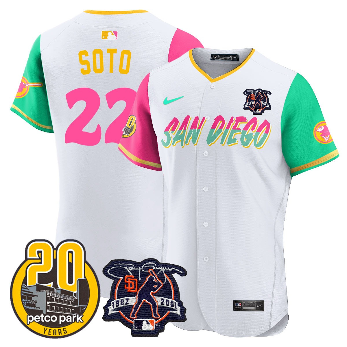 Juan Soto Men's San Diego Padres Tony Gwynn & Petco Park 20th Patch Vapor Premier Elite City Connect Jersey - All Stitched