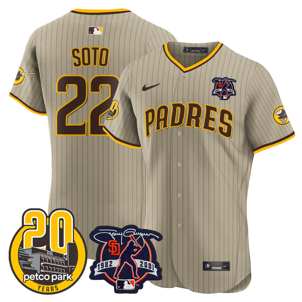 Juan Soto Men's San Diego Padres Tony Gwynn & Petco Park 20th Patch Vapor Premier Elite Tan Jersey - All Stitched