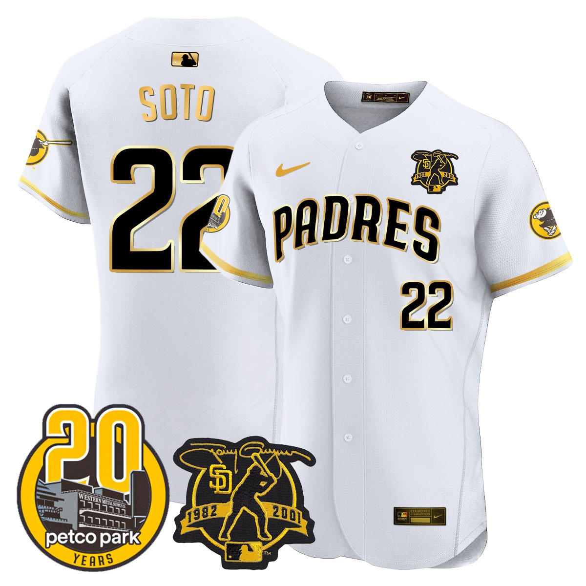Juan Soto Men's San Diego Padres Tony Gwynn & Petco Park 20th Patch Vapor Premier Elite White Gold Jersey - All Stitched