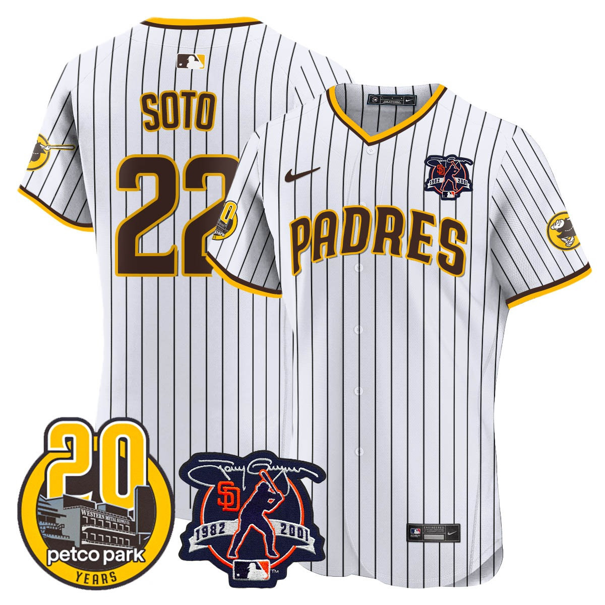 Juan Soto Men's San Diego Padres Tony Gwynn & Petco Park 20th Patch Vapor Premier Elite White Jersey - All Stitched