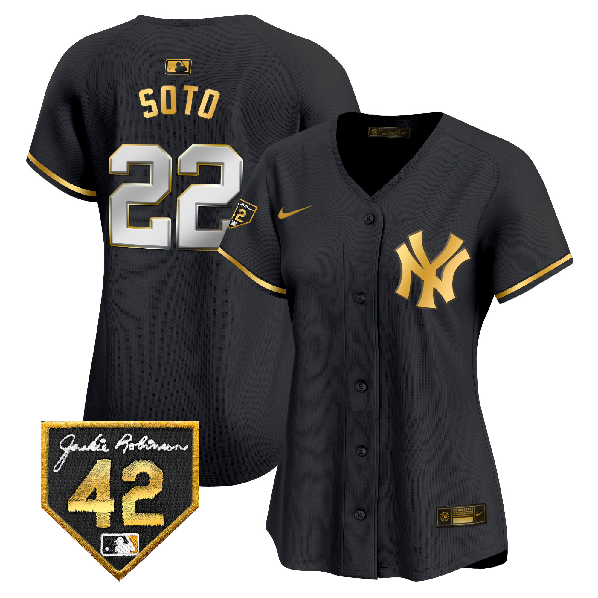 Juan Soto Women's New York Yankees 2024 Jackie Robinson Patch Vapor Premier Limited Black Gold Jersey - All Stitched