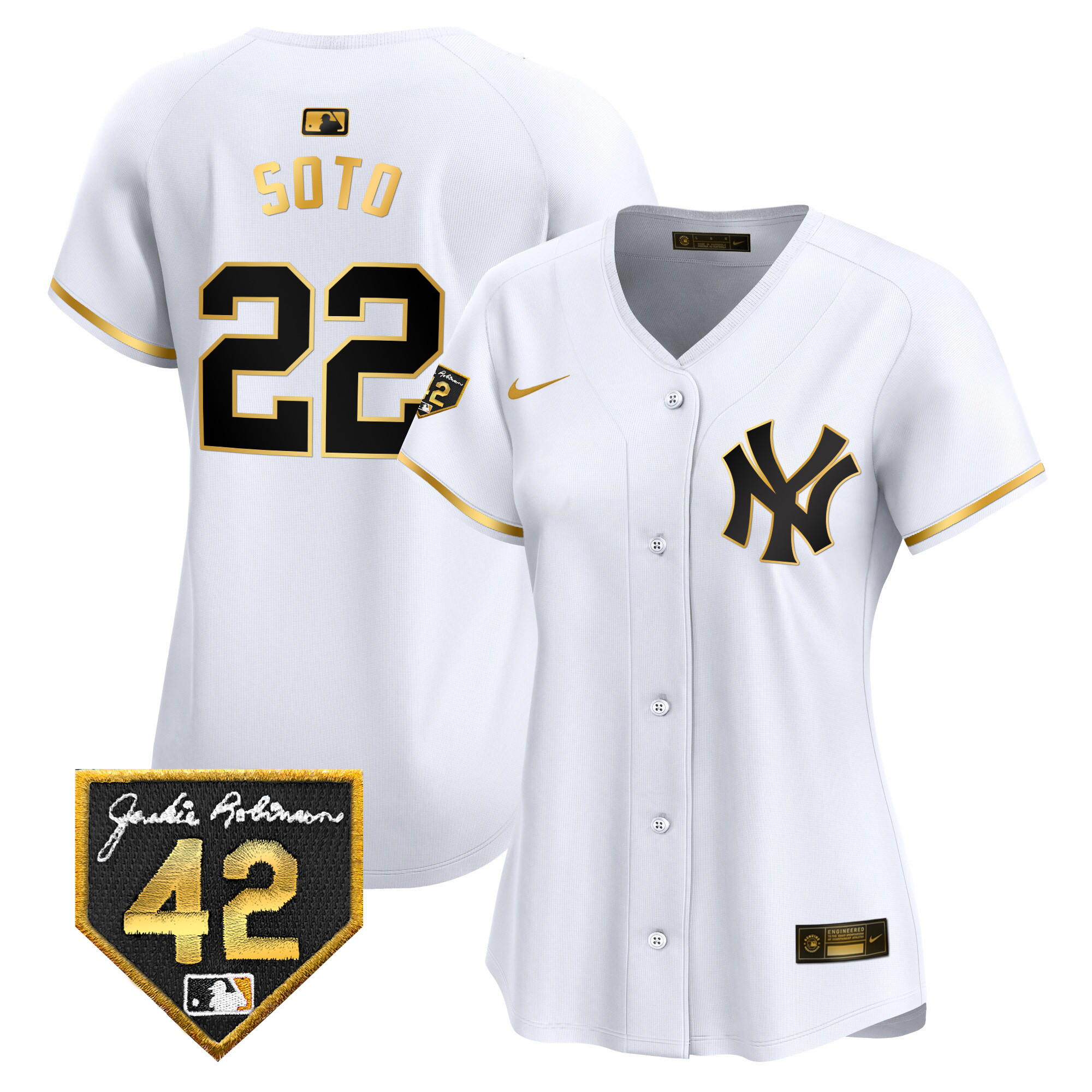 Juan Soto Women's New York Yankees 2024 Jackie Robinson Patch Vapor Premier Limited White Gold Jersey - All Stitched