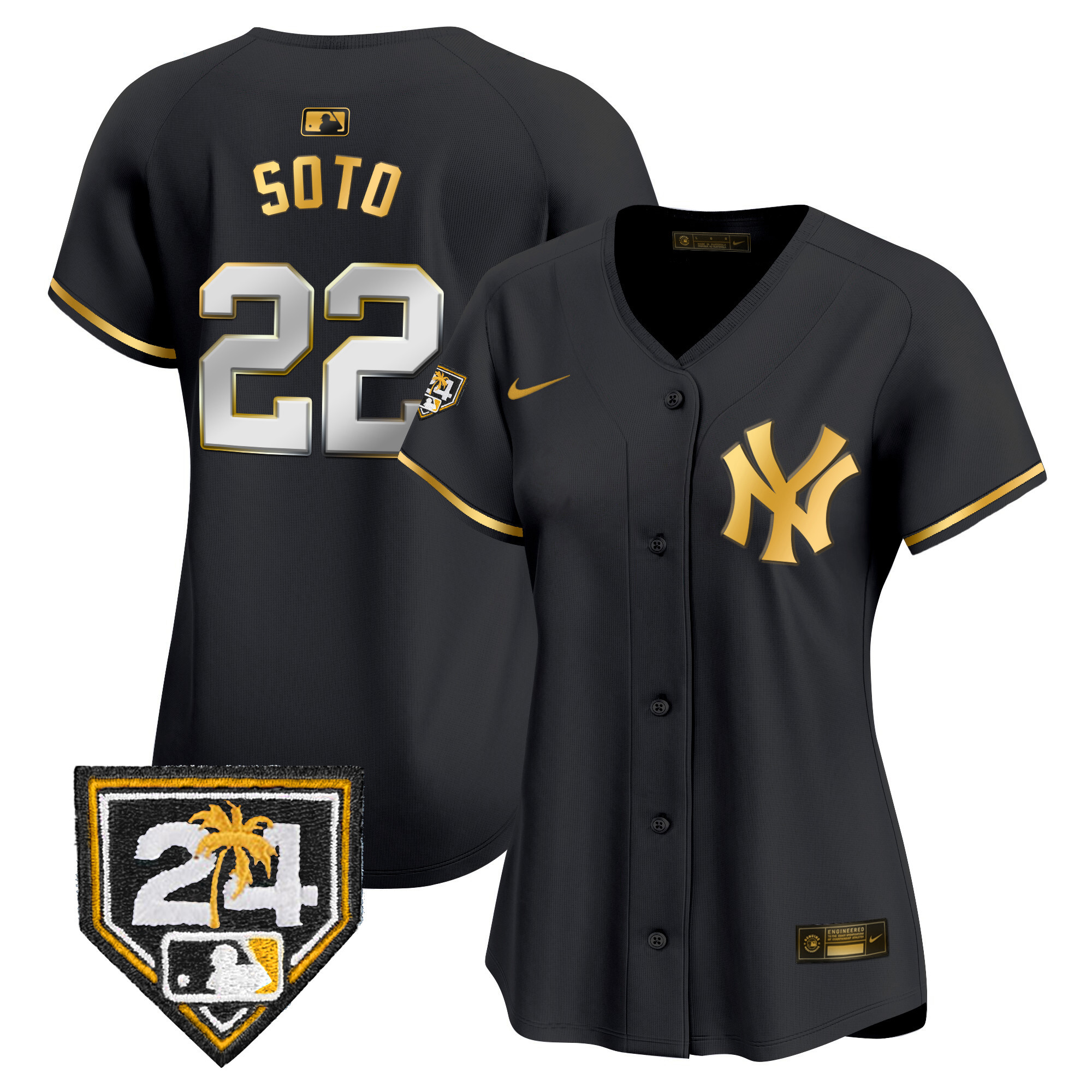 Juan Soto Women's New York Yankees 2024 Spring Training Patch Vapor Premier Limited Black Gold Jersey - All Stitched