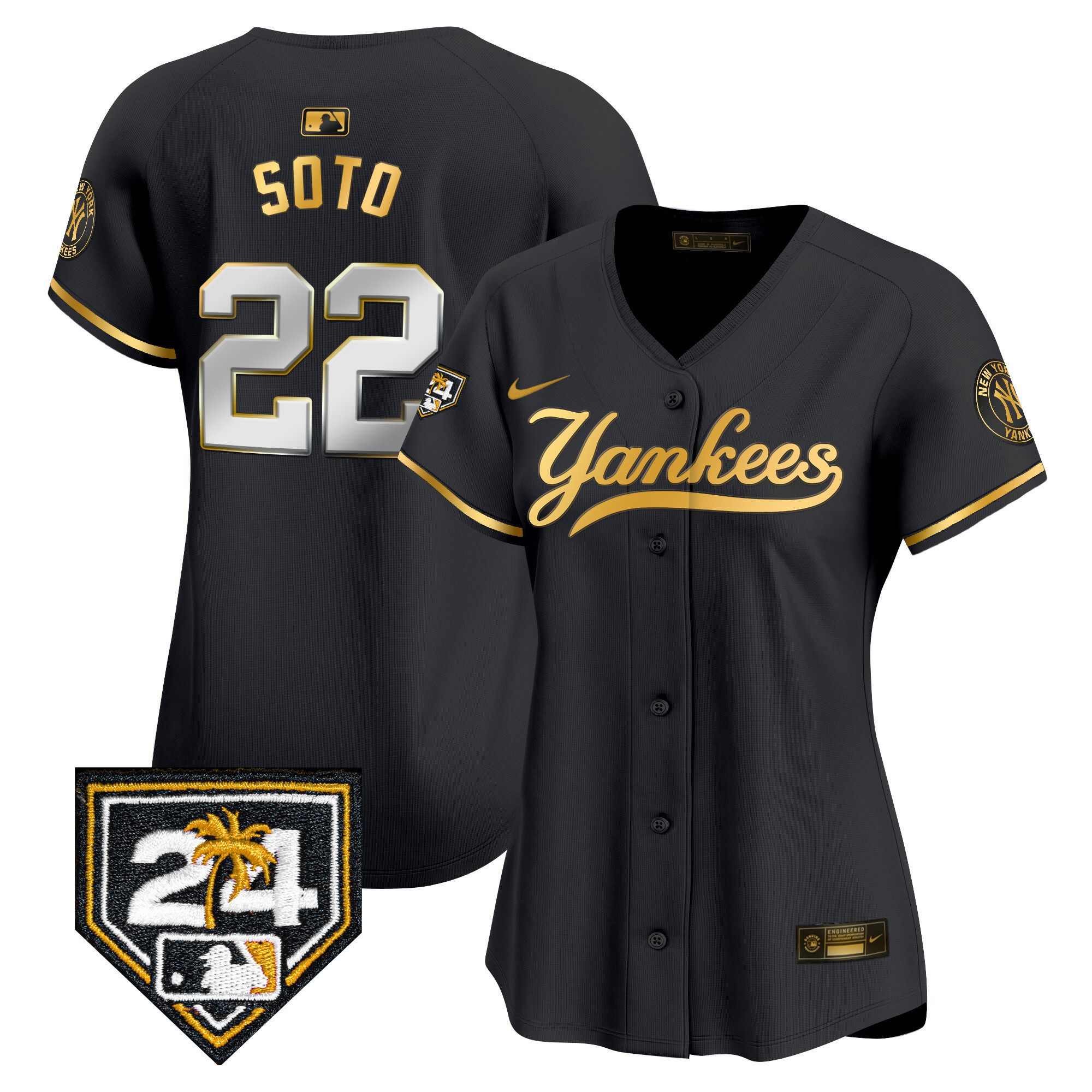 Juan Soto Women's New York Yankees 2024 Spring Training Patch Vapor Premier Limited V6 Black Gold Jersey - All Stitched