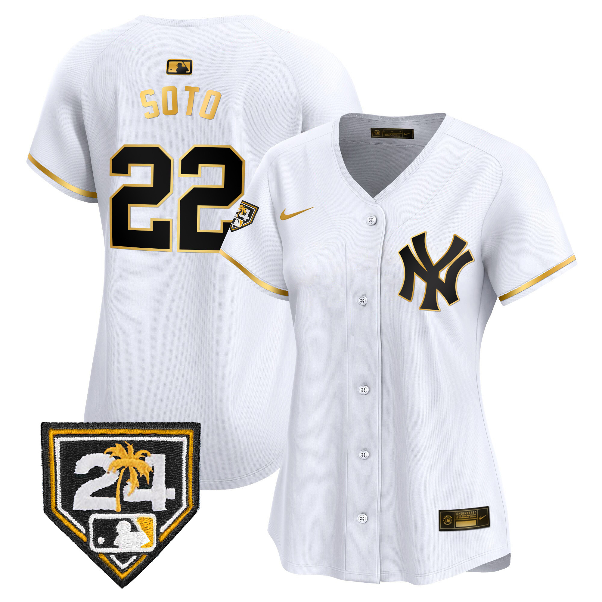 Juan Soto Women's New York Yankees 2024 Spring Training Patch Vapor Premier Limited White Gold Jersey - All Stitched