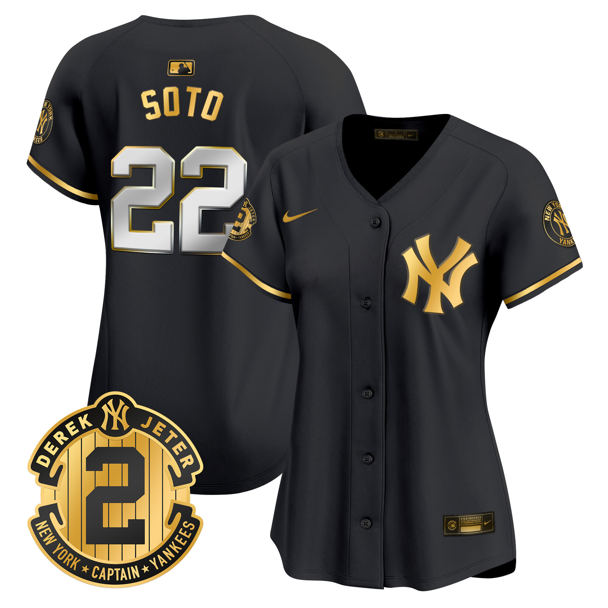 Juan Soto Women's New York Yankees Derek Jeter Patch Vapor Premier Limited Black Gold Jersey - All Stitched