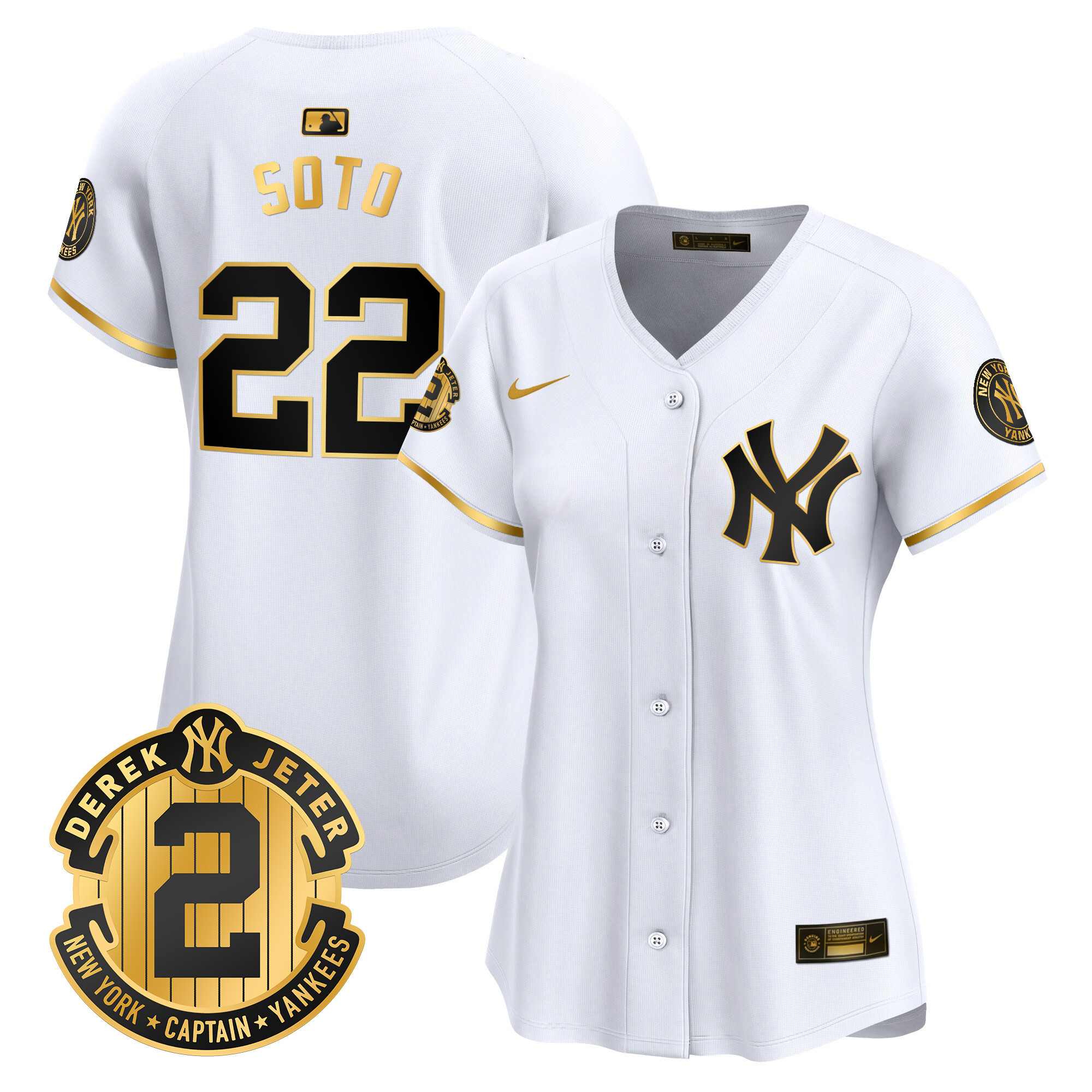 Juan Soto Women's New York Yankees Derek Jeter Patch Vapor Premier Limited White Gold Jersey - All Stitched