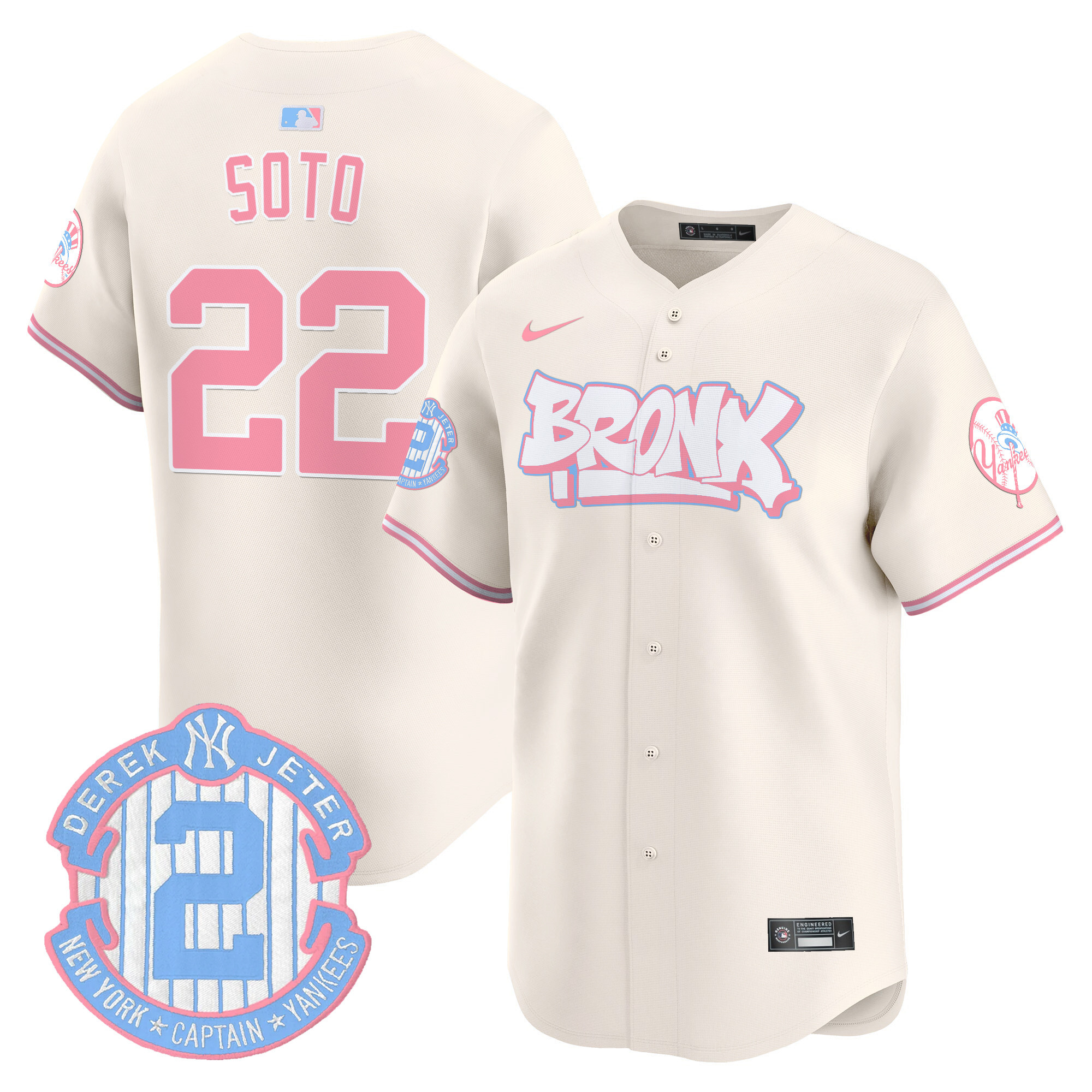 Juan SotoUnisex New York Yankees The Bronx Graffiti Bubblegum Pink Vapor Premier Limited Cream Jersey V2 - All Stitched