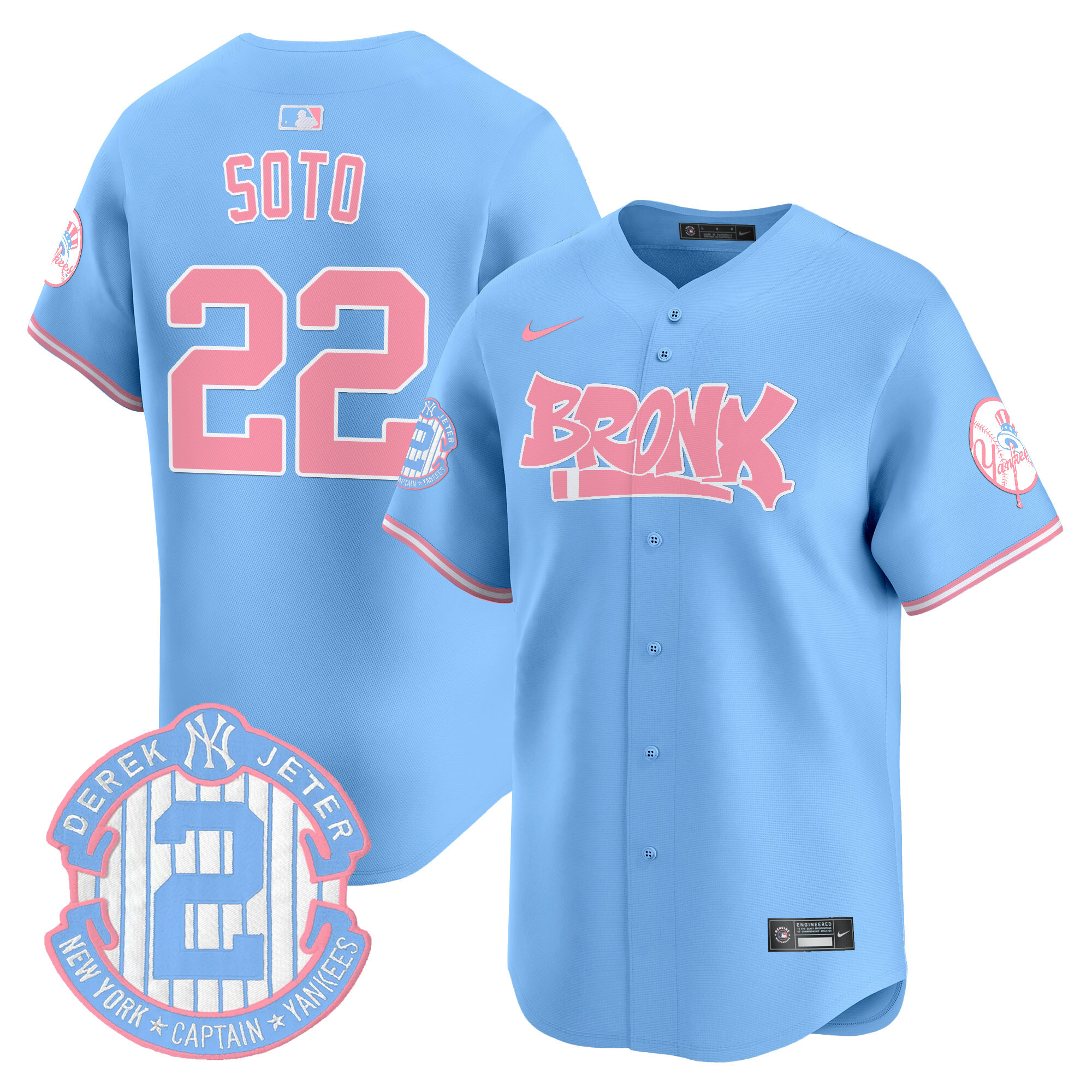 Juan SotoUnisex New York Yankees The Bronx Graffiti Bubblegum Pink Vapor Premier Limited Light Blue Jersey - All Stitched