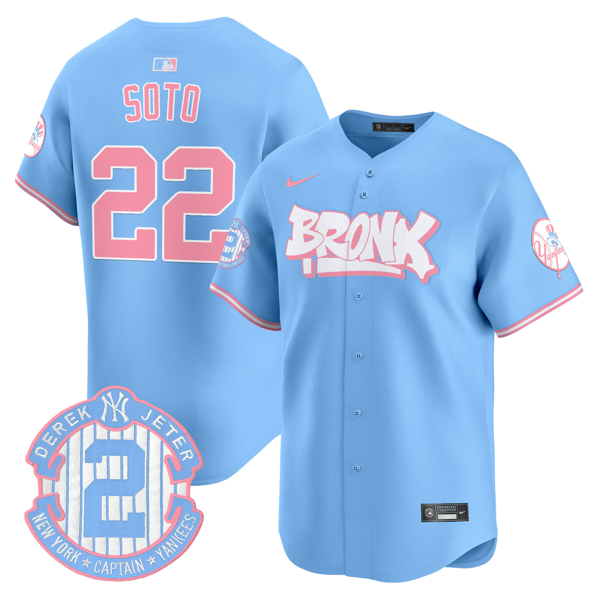 Juan SotoUnisex New York Yankees The Bronx Graffiti Bubblegum Pink Vapor Premier Limited Light Blue Jersey V2 - All Stitched