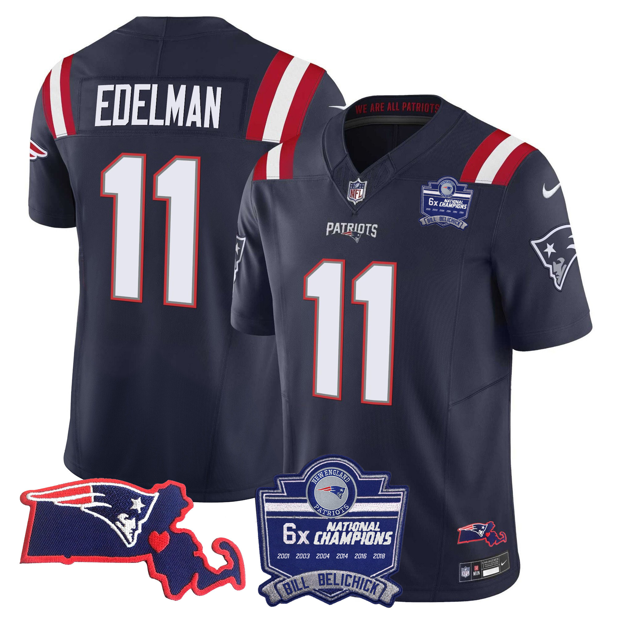 Julian Edelman Men's New England Patriots Bill Belichick 6x Champions Patch Vapor Navy Jersey - All Stitched 