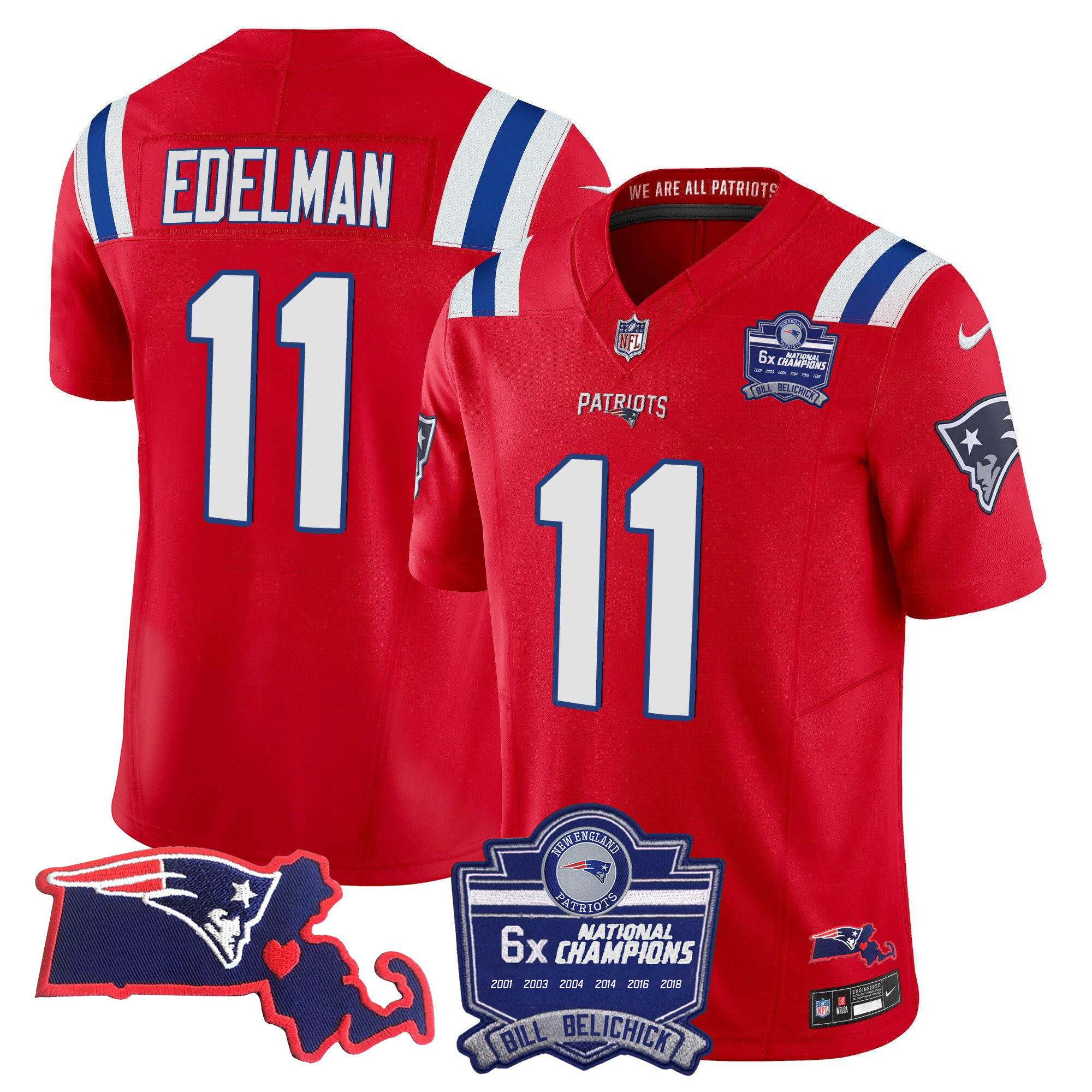 Julian Edelman Men's New England Patriots Bill Belichick 6x Champions Patch Vapor Red Jersey - All Stitched 