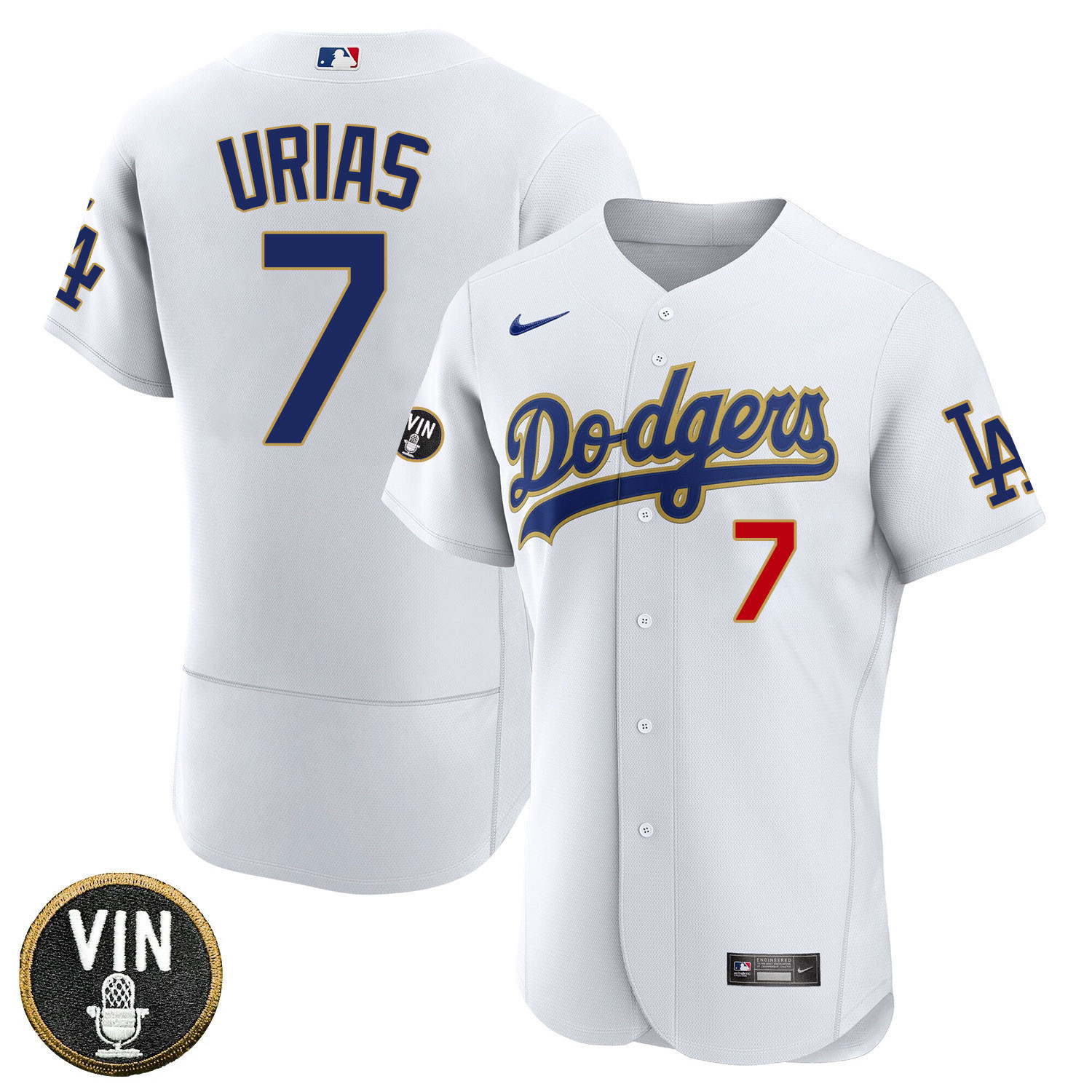 Julio Urías Los Angeles Dodgers Vin Scully Patch Gold Trim Player - White Jersey - All Stitched