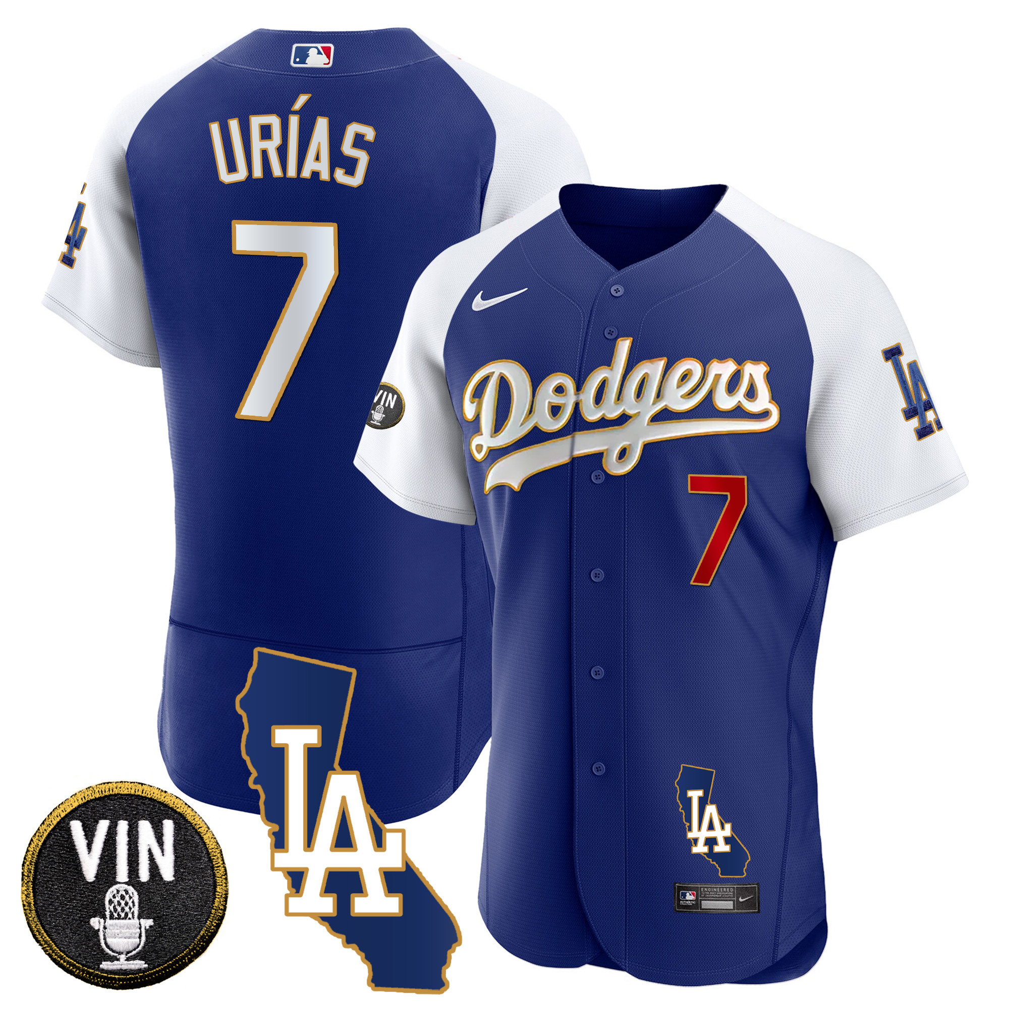 Julio Urías Men's Los Angeles Dodgers California Patch Gold Trim Flex Base Alternate Royal Jersey - All Stitched