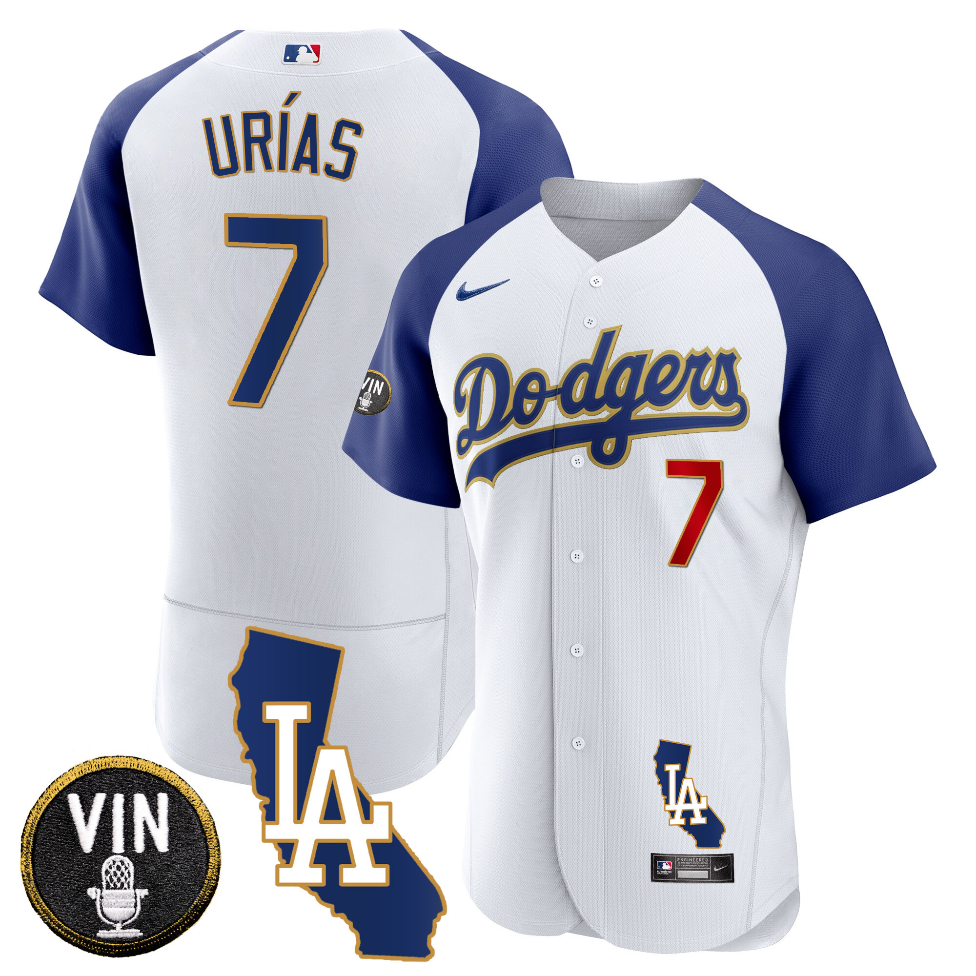 Julio Urías Men's Los Angeles Dodgers California Patch Gold Trim Flex Base Alternate White Jersey - All Stitched