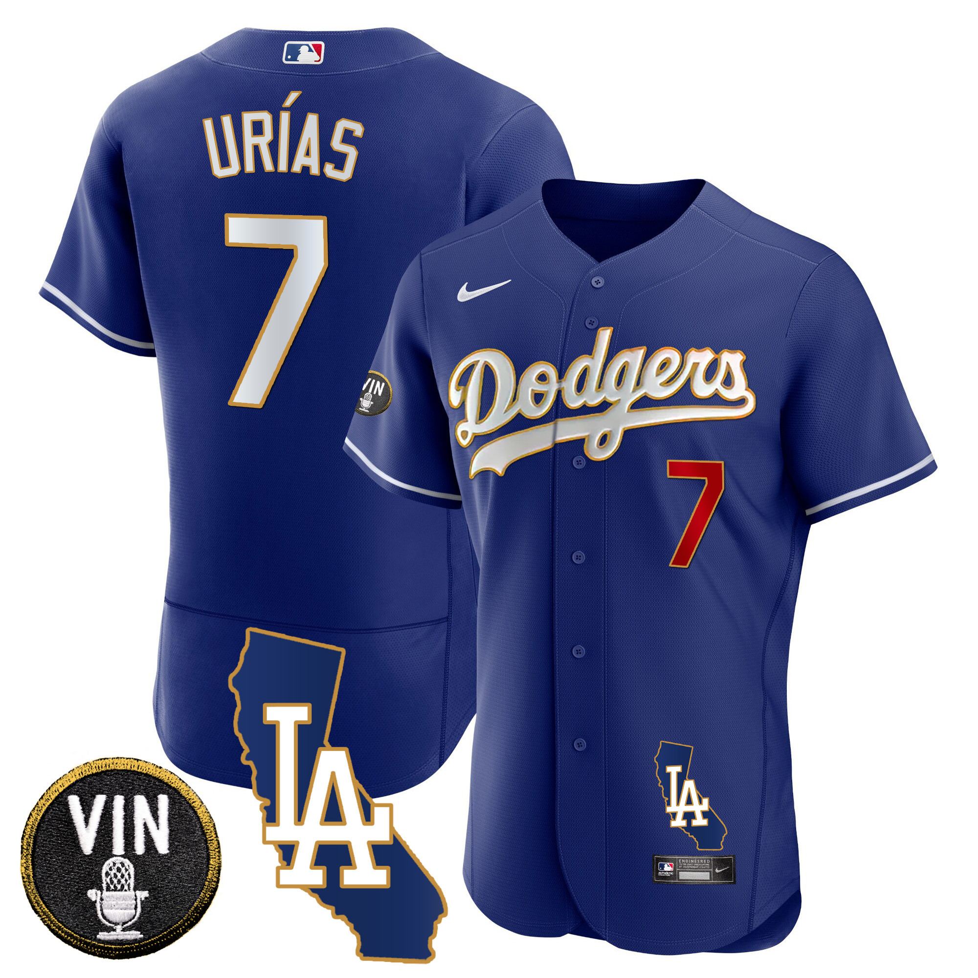 Julio Urías Men's Los Angeles Dodgers California Patch Gold Trim Flex Base Royal Jersey - All Stitched