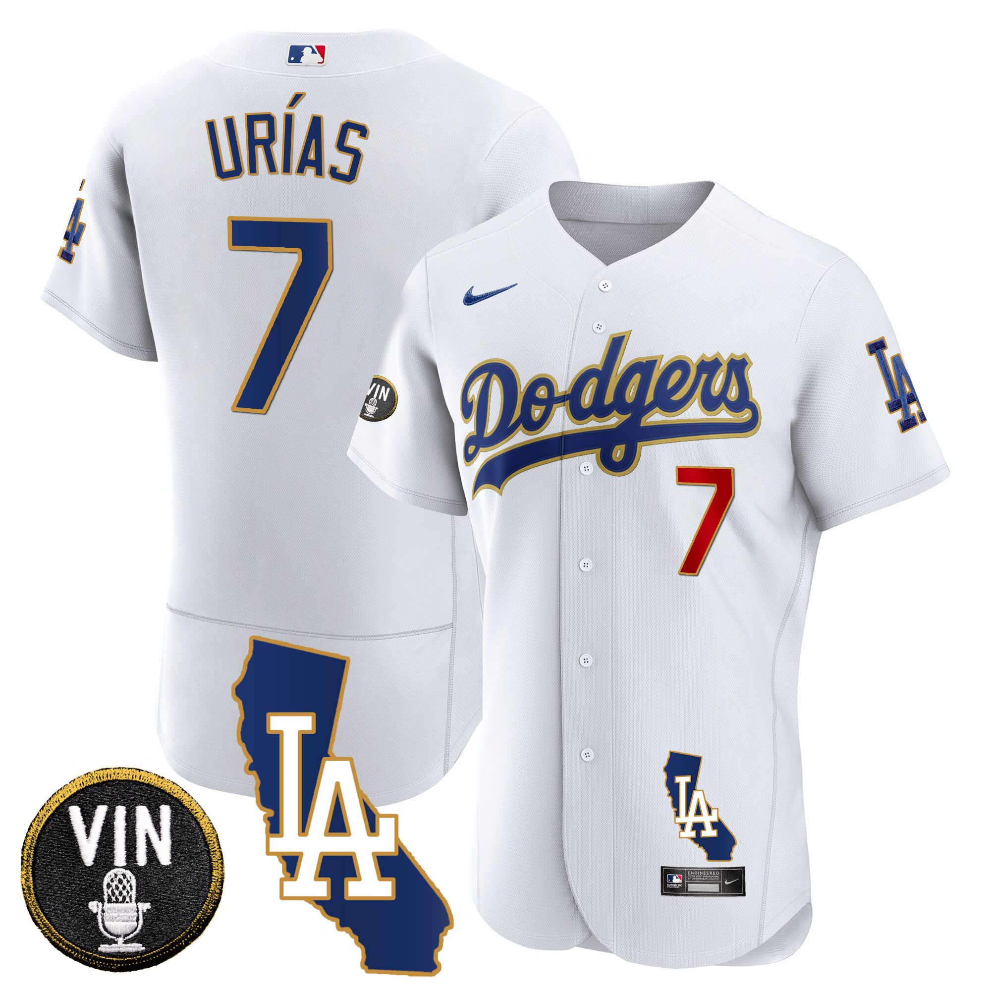 Julio Urías Men's Los Angeles Dodgers California Patch Gold Trim Flex Base White Jersey - All Stitched
