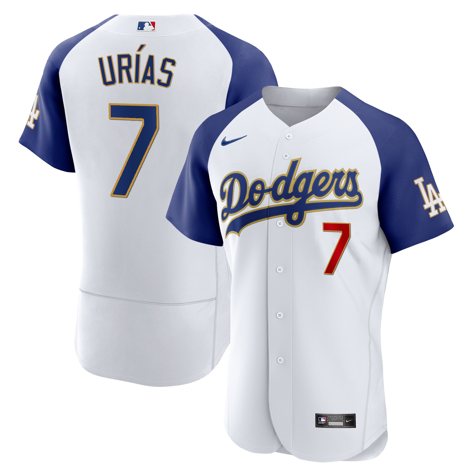 Julio Urías Men's Los Angeles Dodgers Gold Trim Flex Base Alternate White Jersey - All Stitched