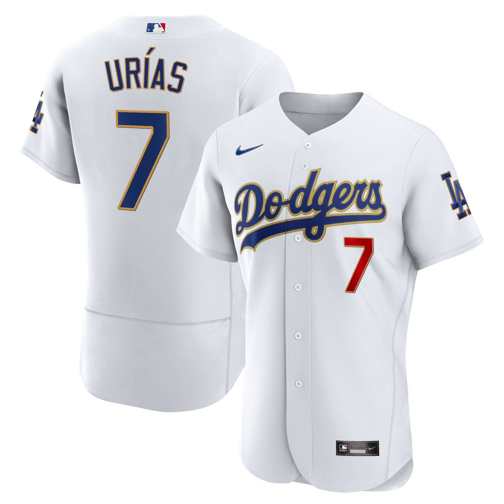 Julio Urías Men's Los Angeles Dodgers Gold Trim Flex Base White Jersey - All Stitched