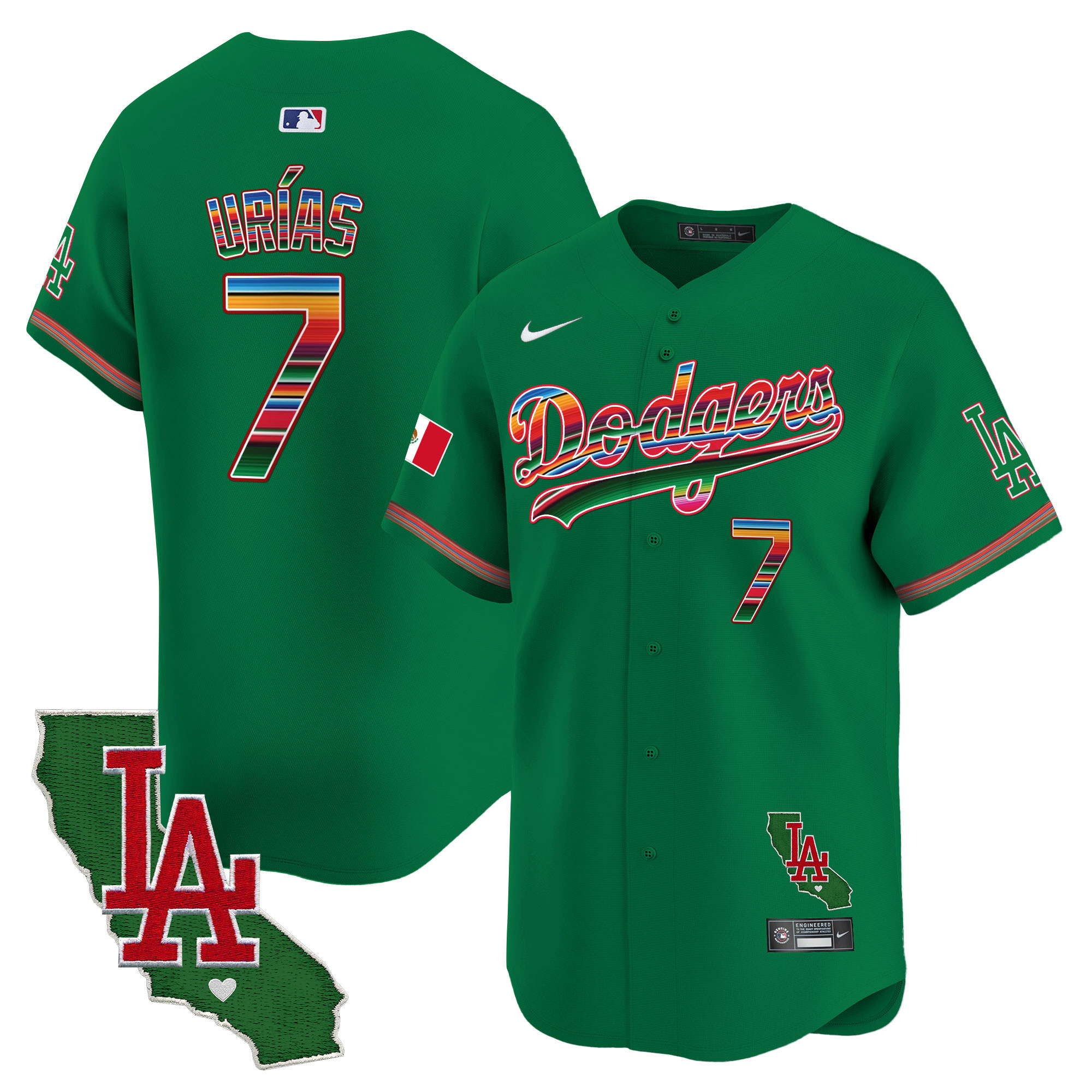 Julio Urías Men's Los Angeles Dodgers Mexico California Patch Vapor Premier Limited Green Jersey - All Stitched