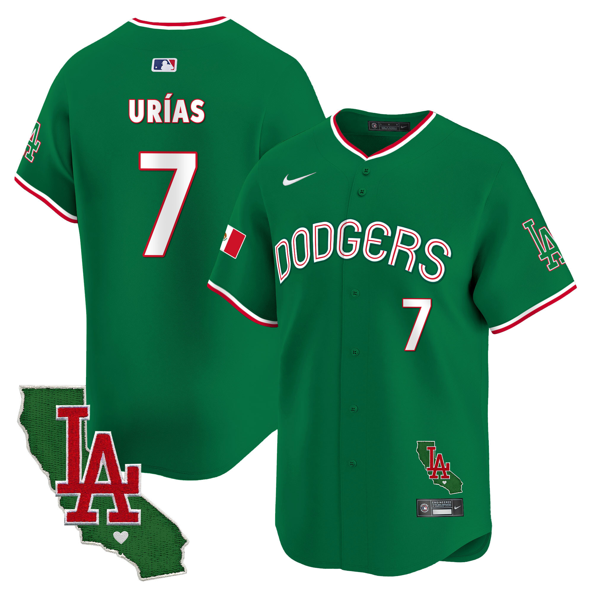 Julio Urías Men's Los Angeles Dodgers Mexico California Patch Vapor Premier Limited V3 Green Jersey - All Stitched