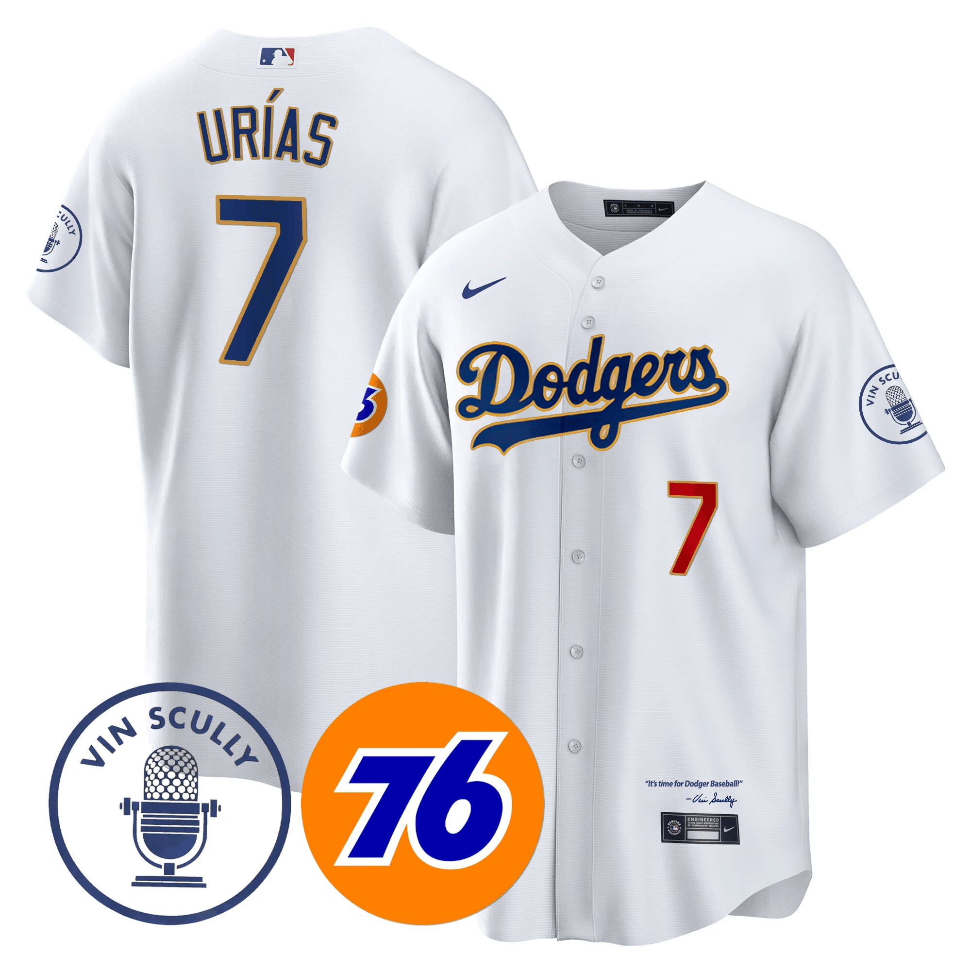 Julio Urías Men's Los Angeles Dodgers Vin Scully 76 Patch Gold Trim Player Cool White Jersey - All Stitched