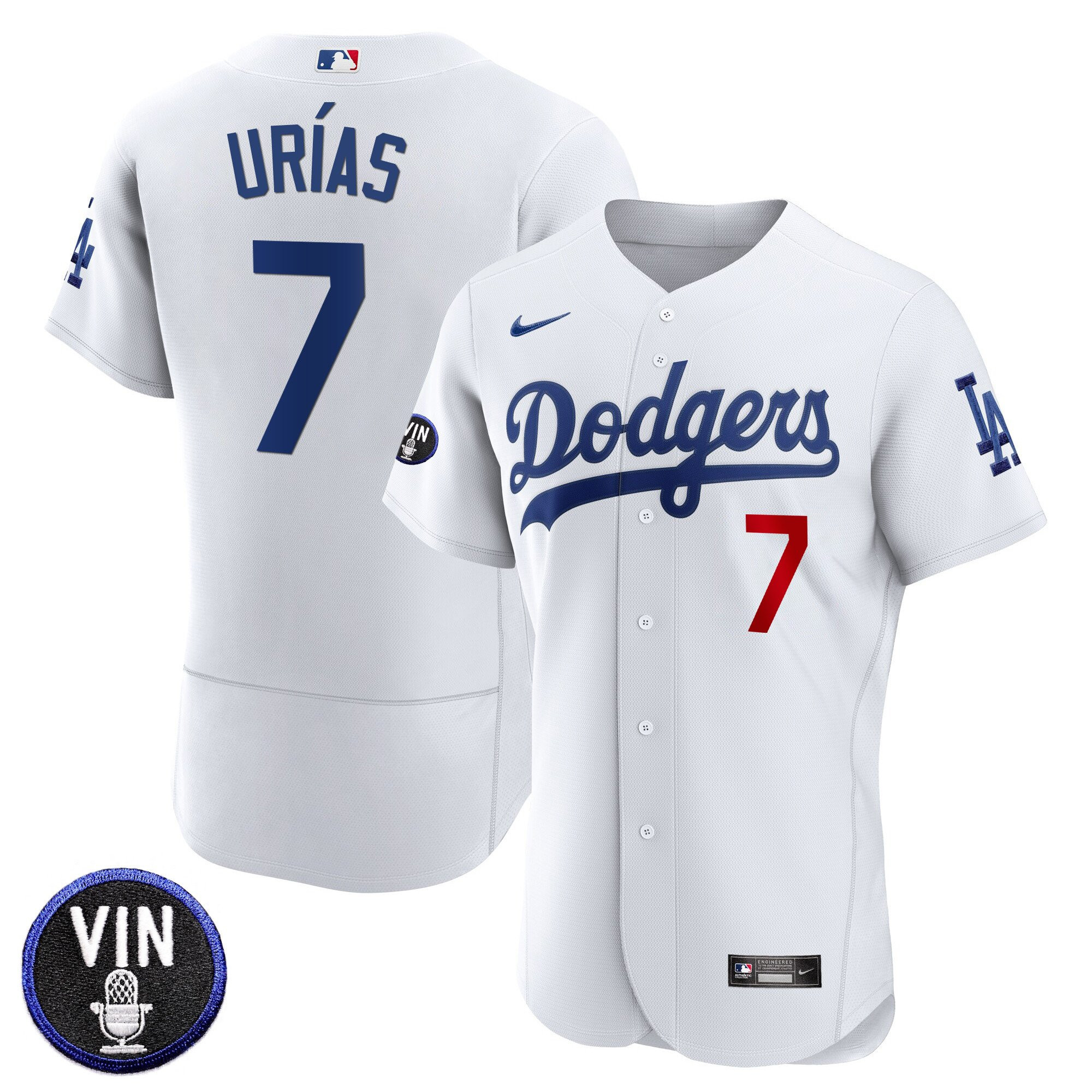 Julio Urías Men's Los Angeles Dodgers Vin Scully Patch Flex Base White Jersey - All Stitched