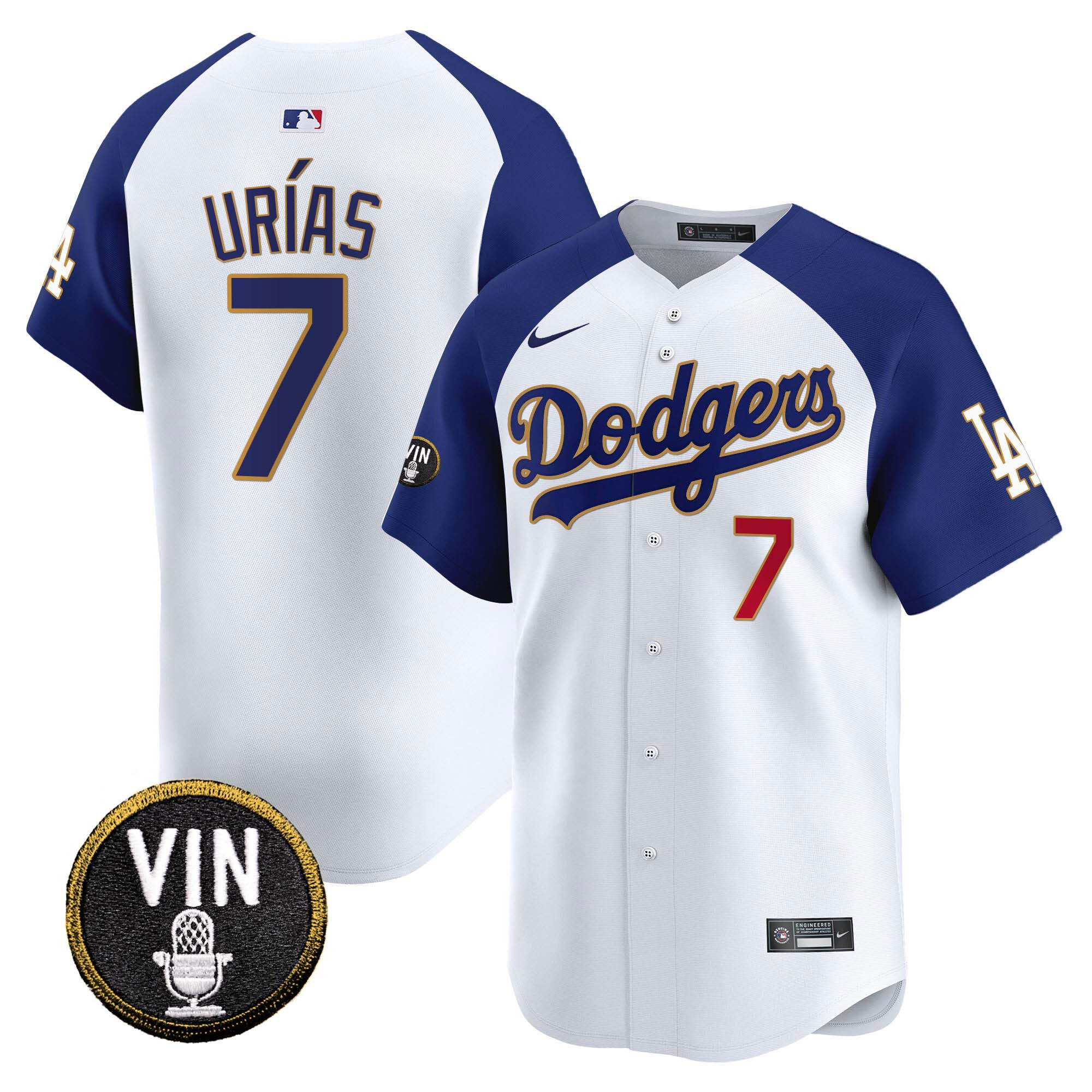 Julio Urías Men's Los Angeles Dodgers Vin Scully Patch Gold Trim Vapor Premier Limited Alternate White Jersey - All Stitched